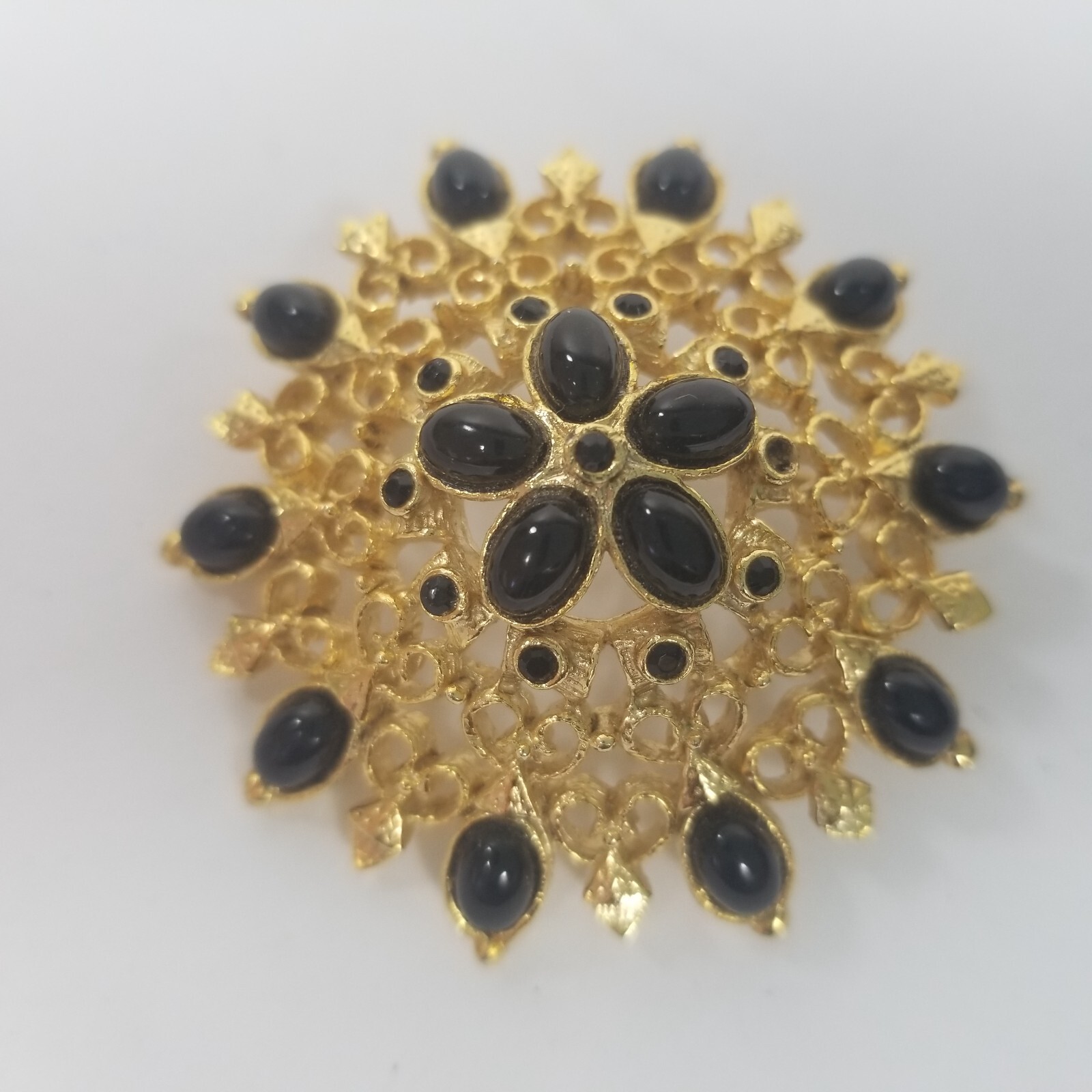 Dome Brooch Gold Tone Filigree Open Work Black Enamel Flower