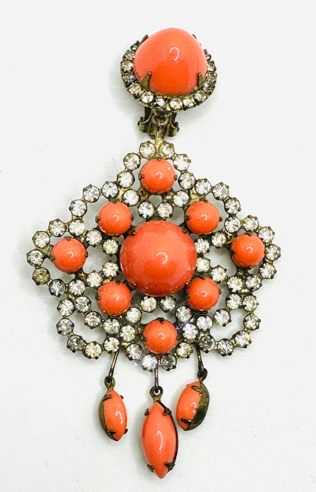 RARE Signed 1960’s KJL Faux Coral & Rhinestone Clip-on Dangle SINGLE Earring