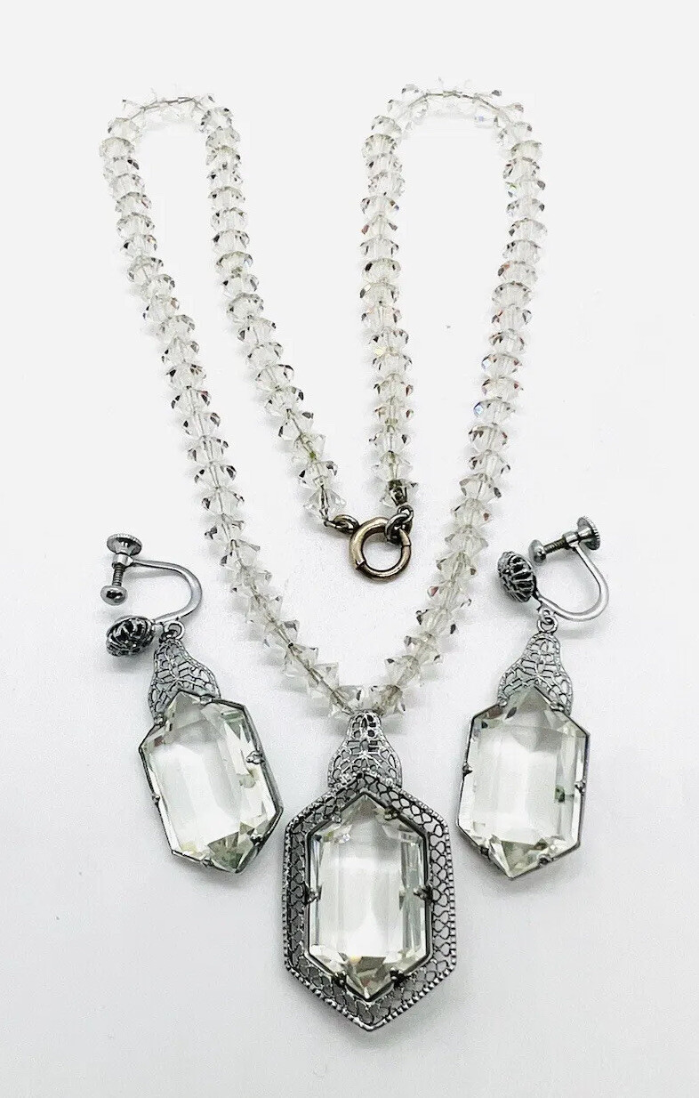 Art Deco Faceted Glass Rhodium Filigree Necklace & Earrings Vintage Jewelry
