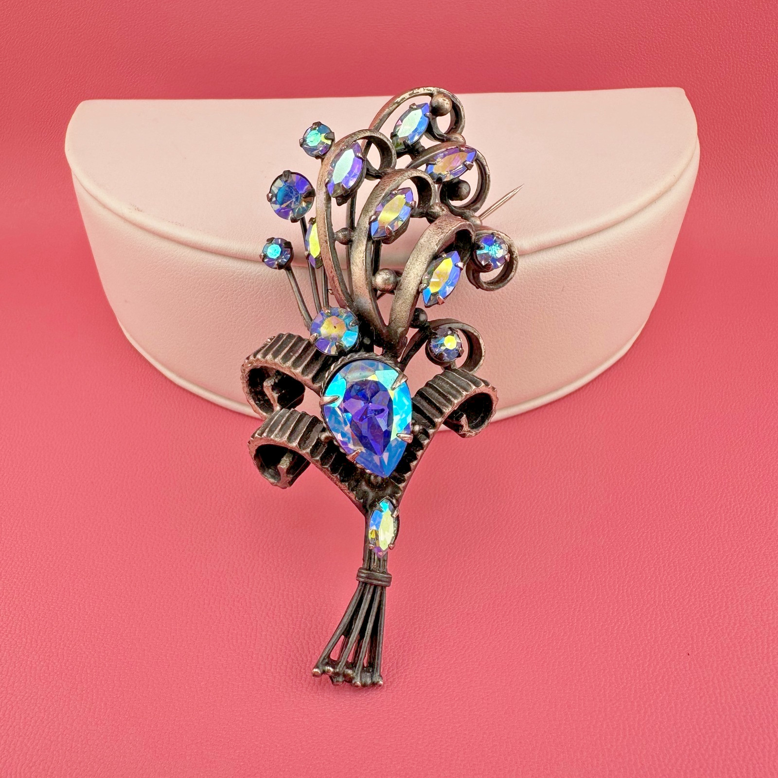 Vintage Rhinestone Brooch Aqua Blue Aurora Borealis Floral Bouquet Pot Metal?
