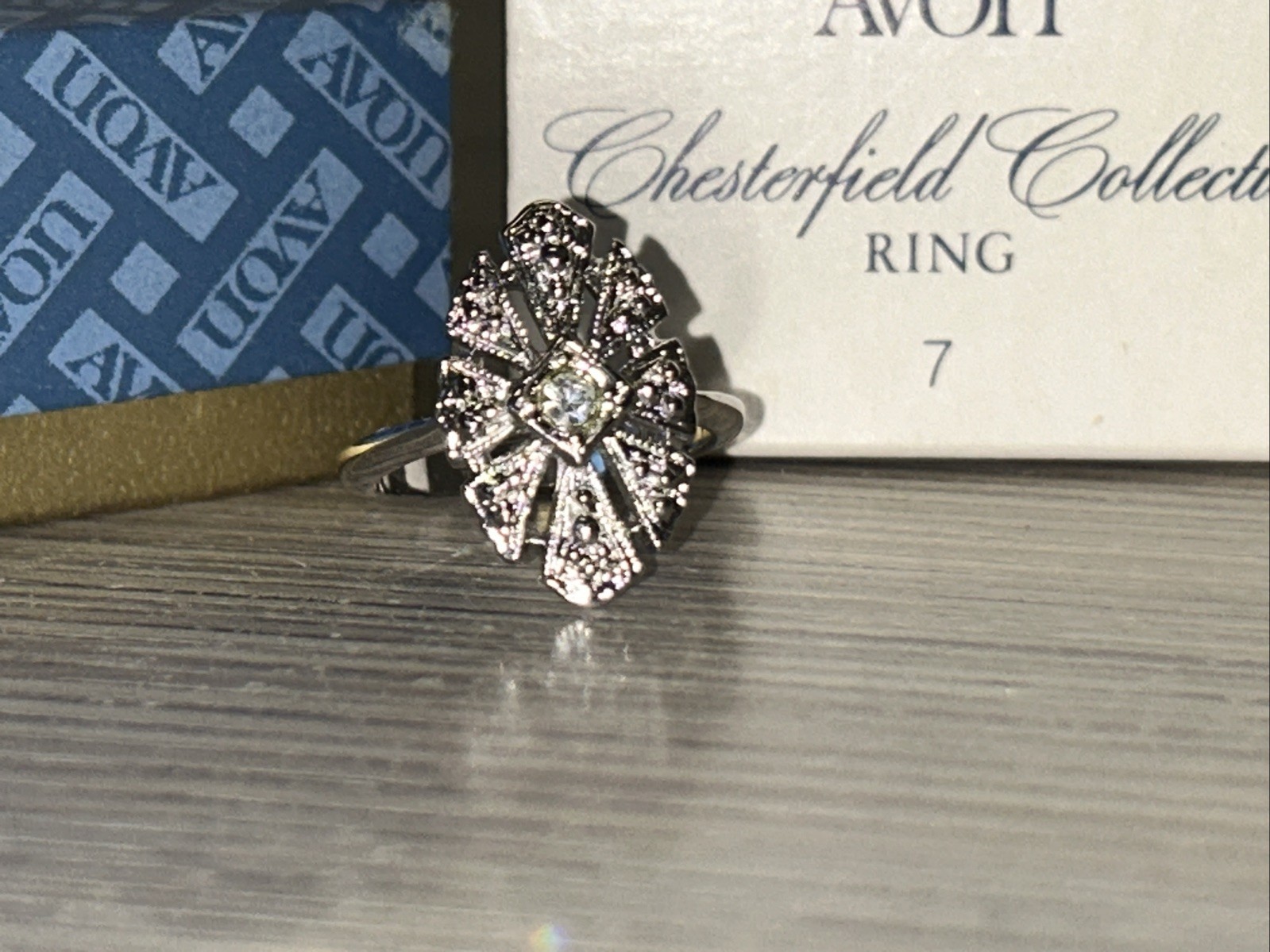 Vintage Avon Chesterfield Collection Ring Deco Style Silvertone Size 7