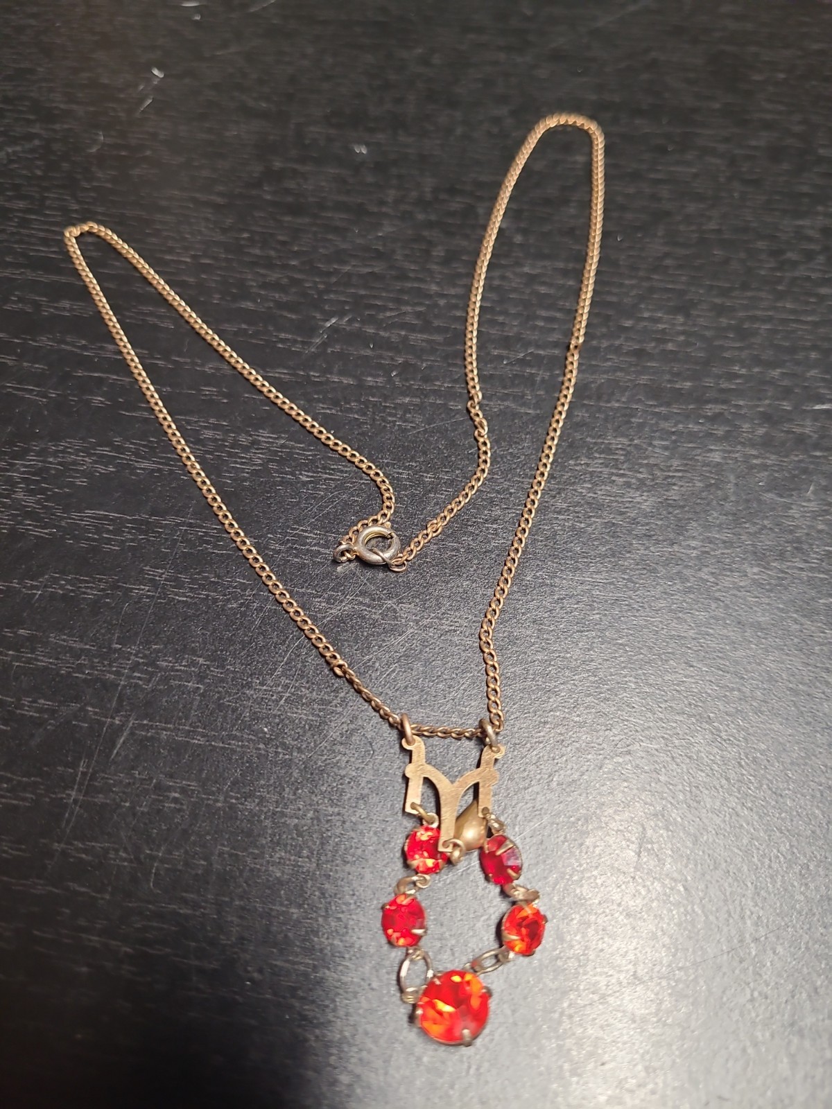 Vintage At Deco Faux Ruby Rhinestone Bronze Tone Chain Necklace