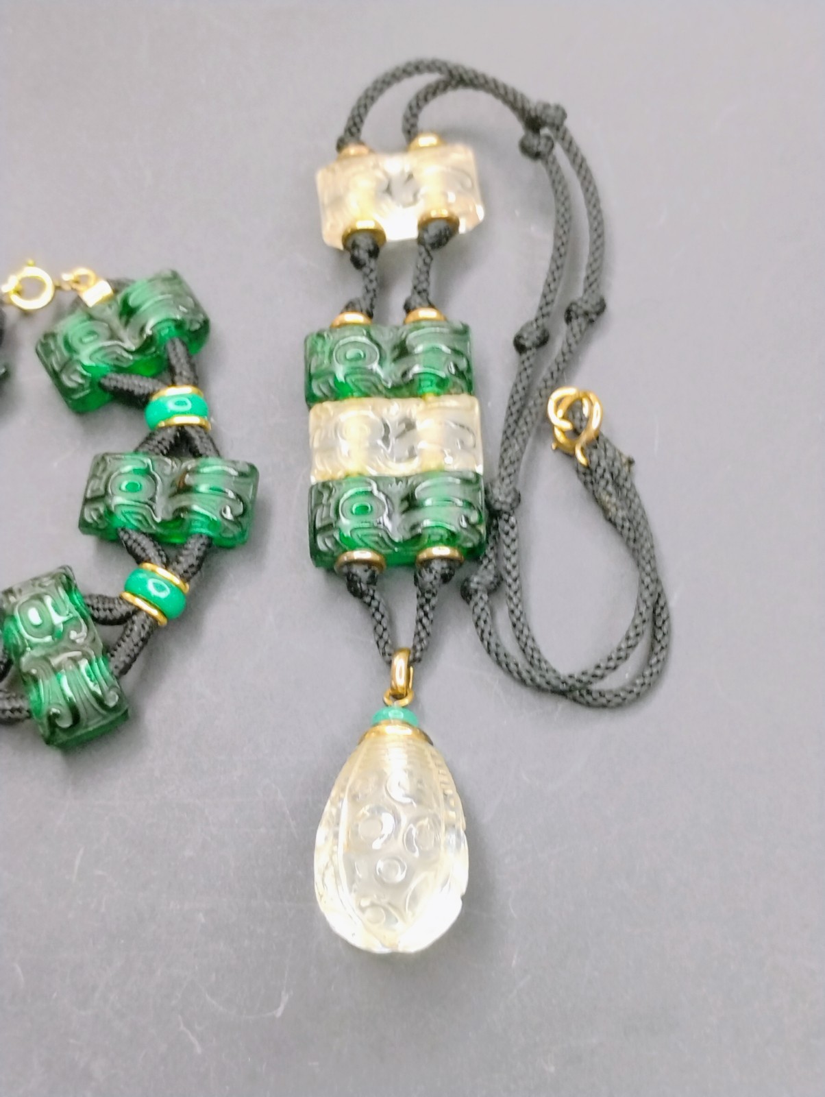 Antique 1920’s France Oreum Metal And Glass Necklace & Bracelet Set