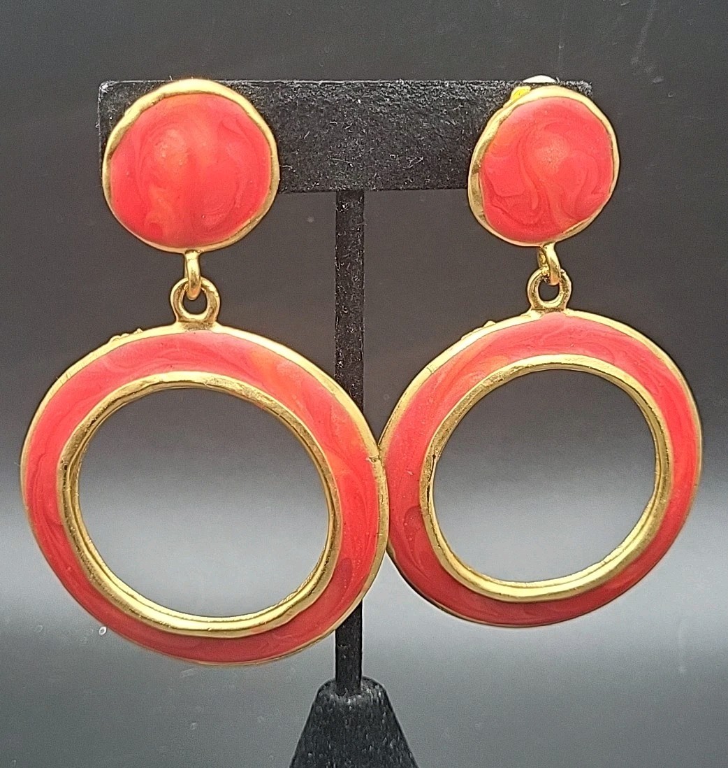 Edgar Berebi Vintage Clip On dangle Earrings Gold Toned With Red Enamel Retro