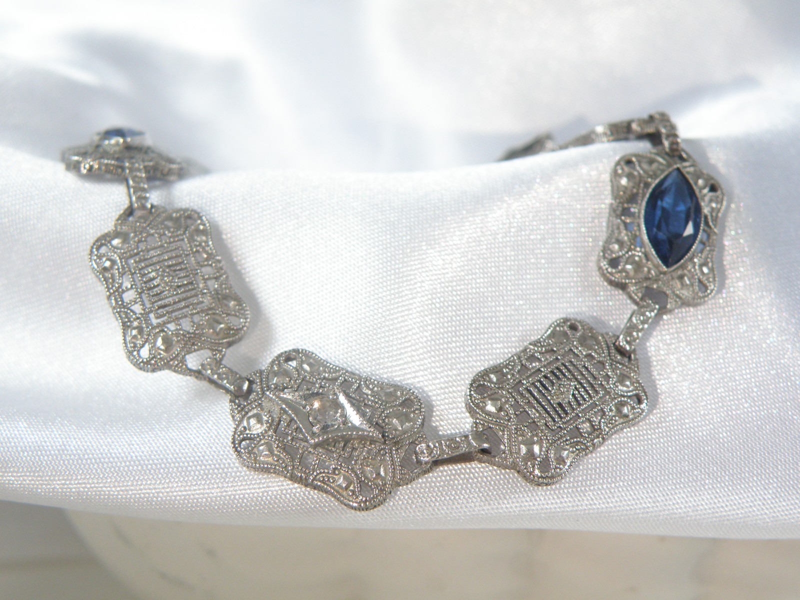 Art Deco Sterling Silver Sapphire Paste Filigree Station Antique Bracelet 7.5″