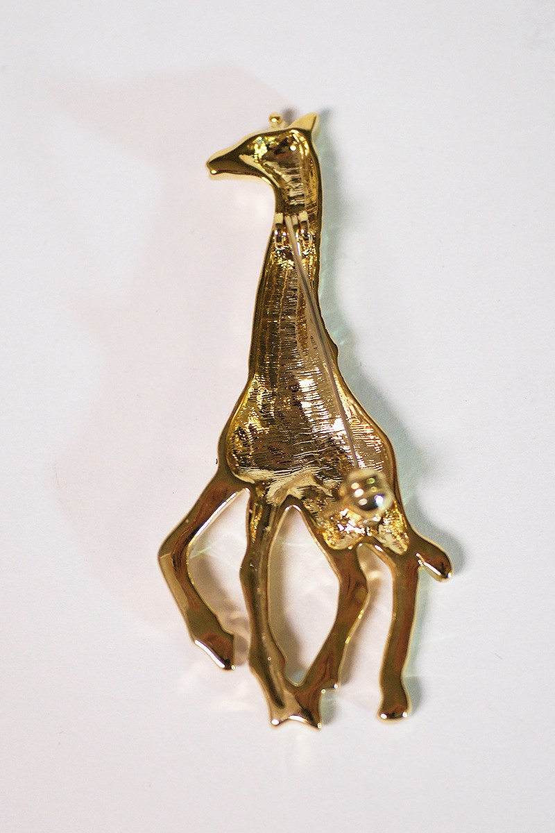 Vintage Giraffe Brooch Pin Bright Gold Tone w/ Amber Color Stones 2.35″