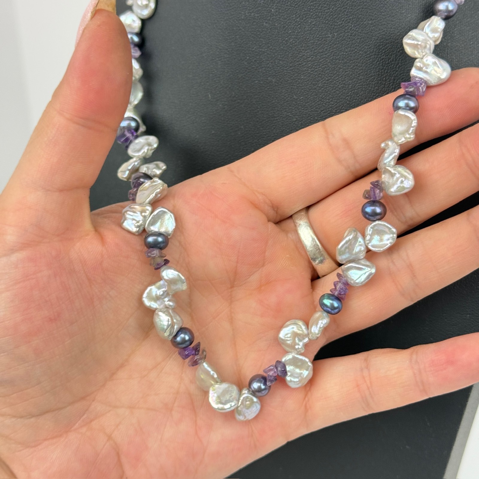 Freshwater Keshi Pearl OP Signed Sterling Silver Lavender Purple 16″ Necklace