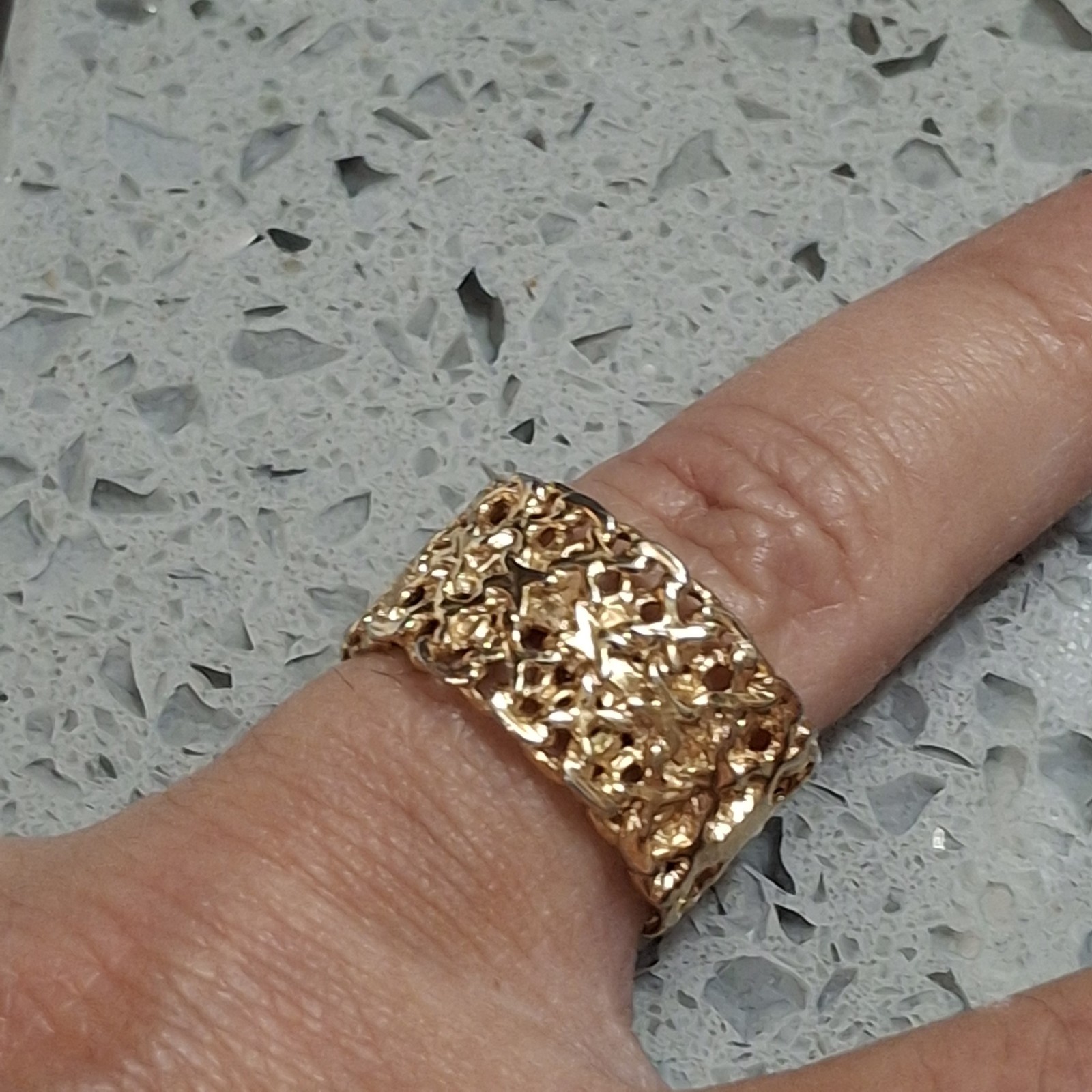 Vintage Brutalist Ring Wide Band Scroll Weave Gold Tone SZ6 Quality Handmade 60s