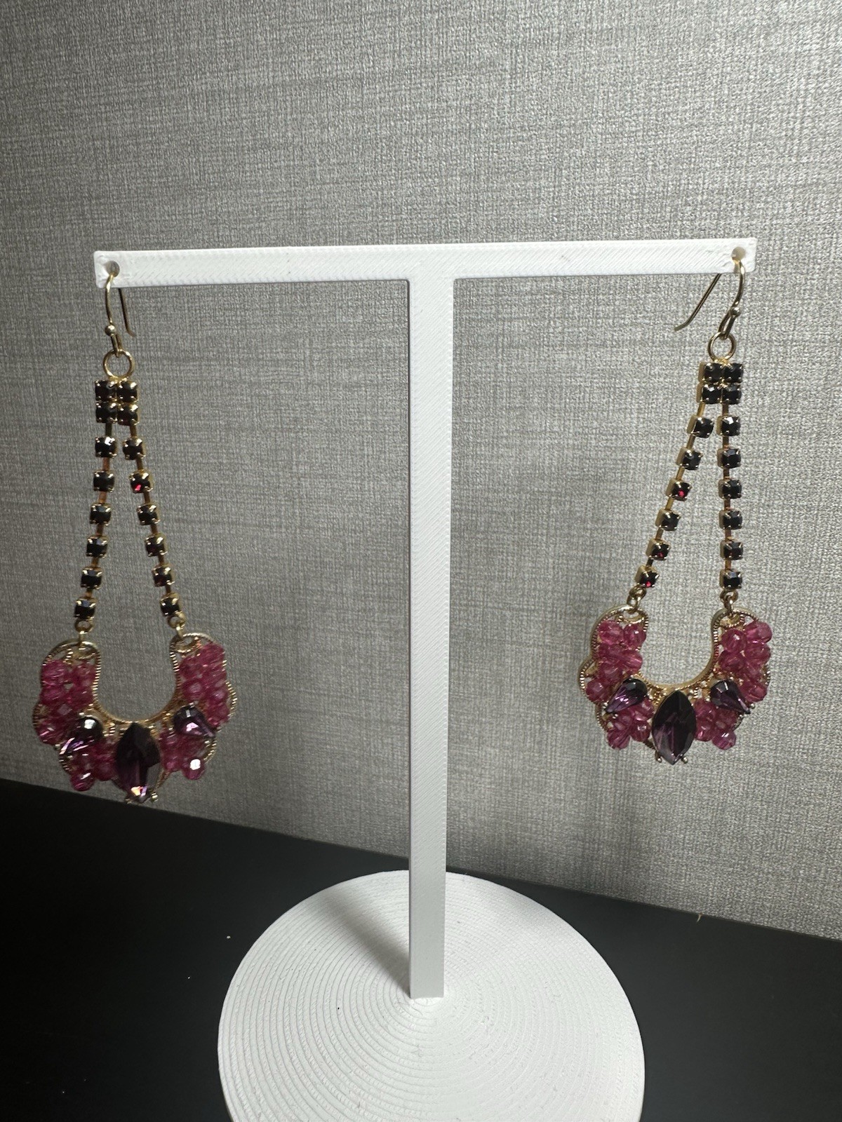 Nice Vintage Gold Tone Pink Purple Deep Red Rhinestone Dangle Hook Earrings