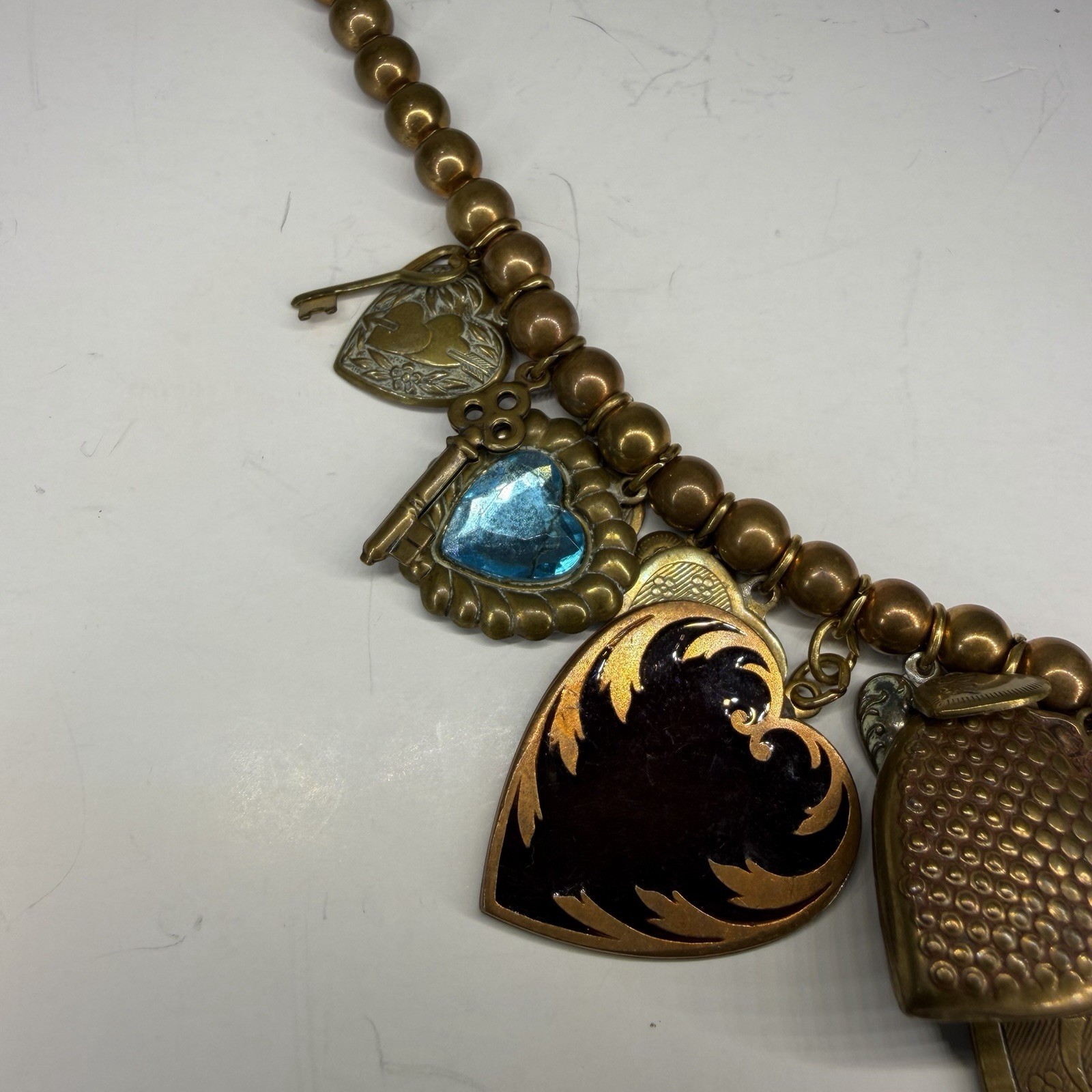 Vintage Pididdly Links Brass Bead Dangling Heart Cherub Key Charm Necklace 20in