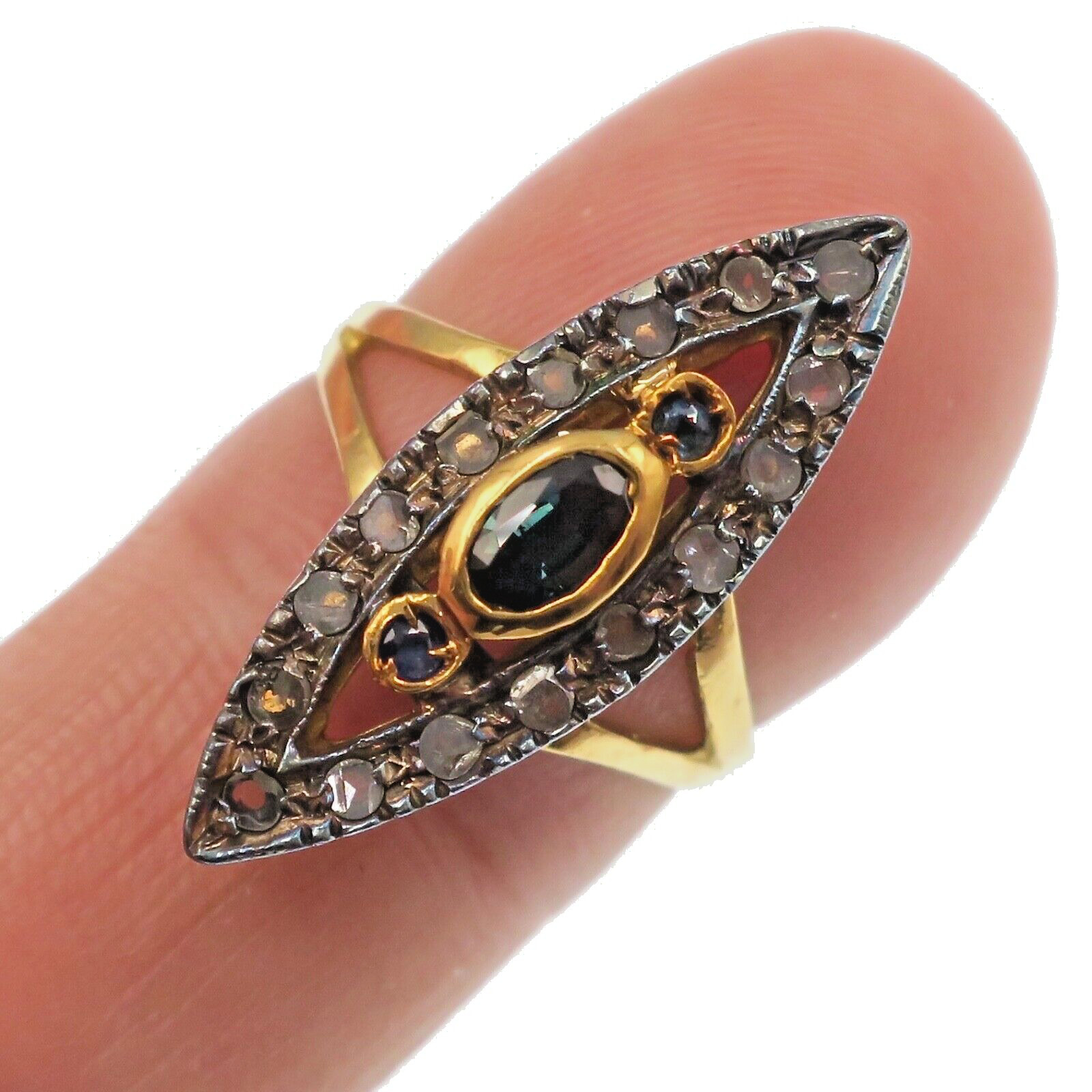 Vintage 18k Solid Yellow Gold Blue Sapphire and Rose Cut Diamond Ring Size 6