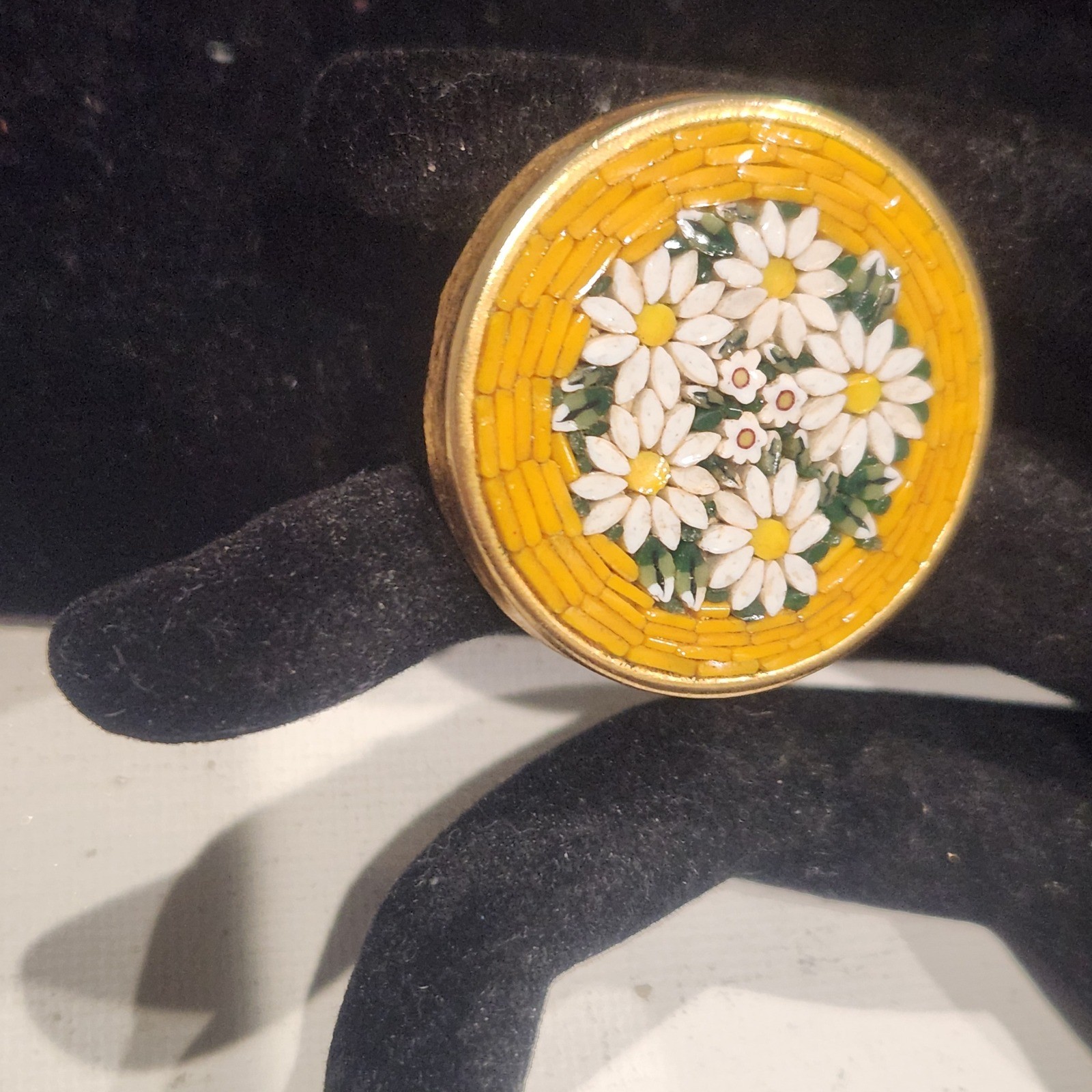 Vintage Italian Micro Mosaic Floral Brooch Yellow Daisy Pin Made in Italy Round