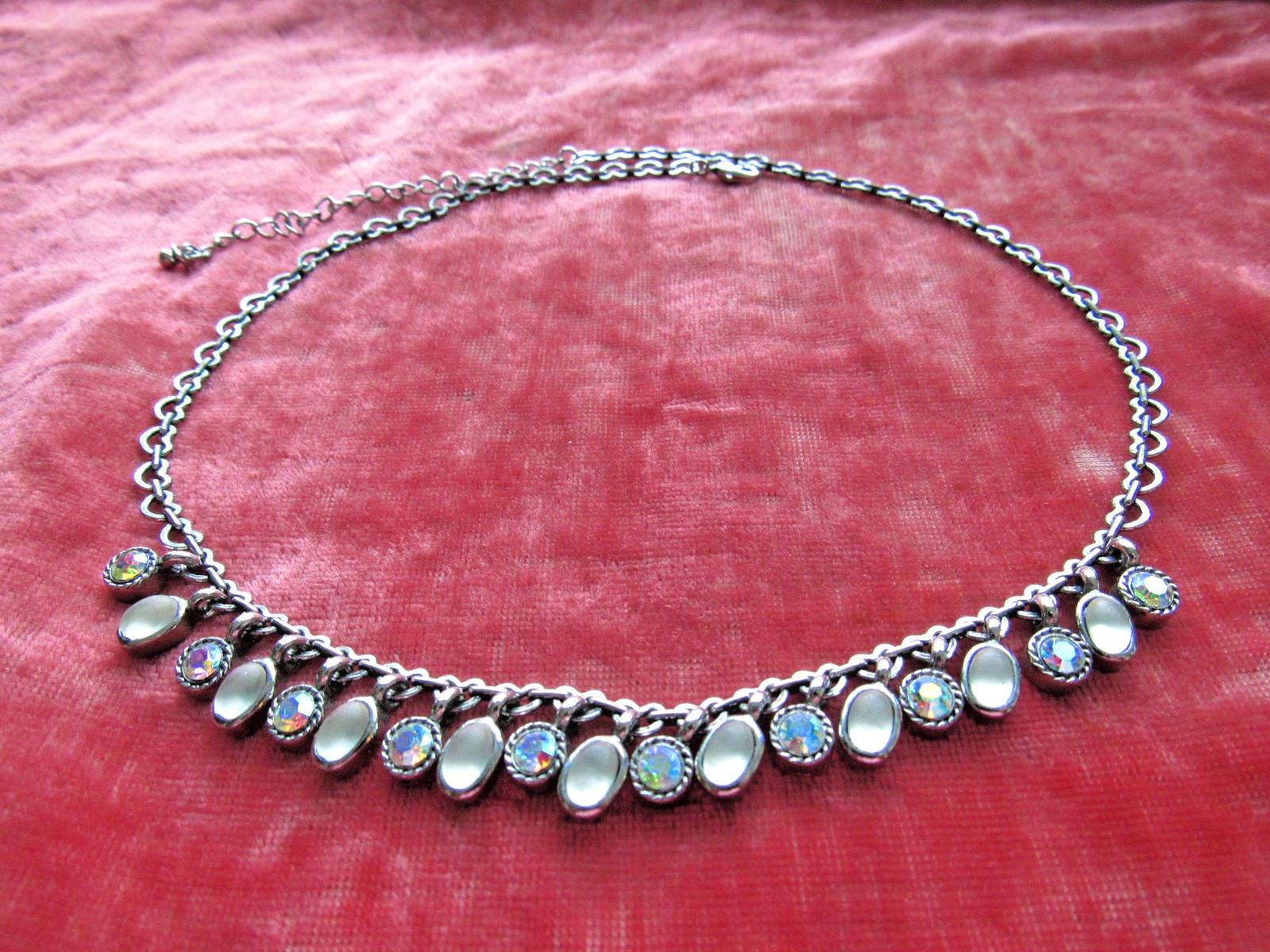 Vintage Necklace Unusual Heart Link Chain AB Rhinestones Glass Moonstone Dangles