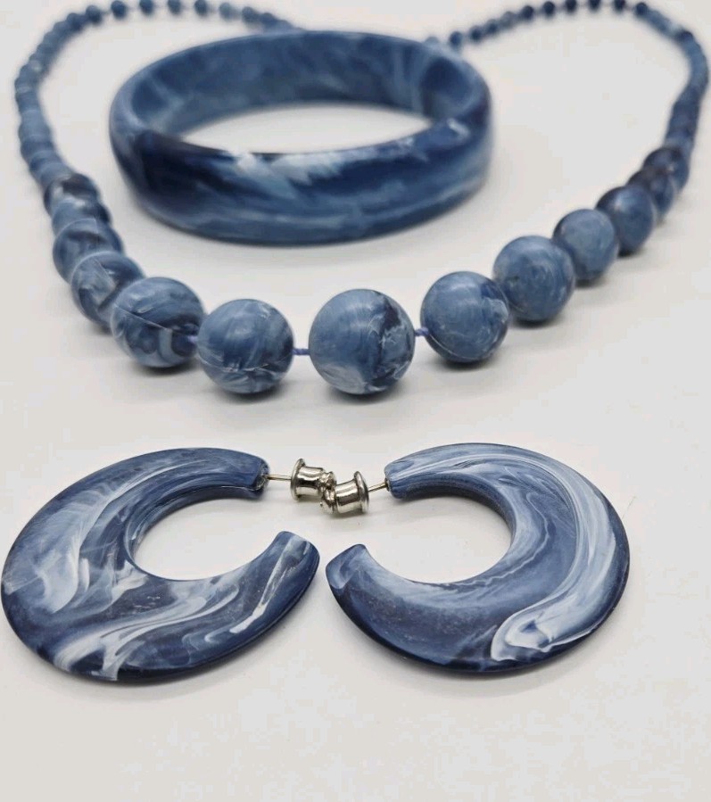 Denim Blue Marbled Jewelry Set Vintage Couture 3pc Necklace Bracelet Earrings