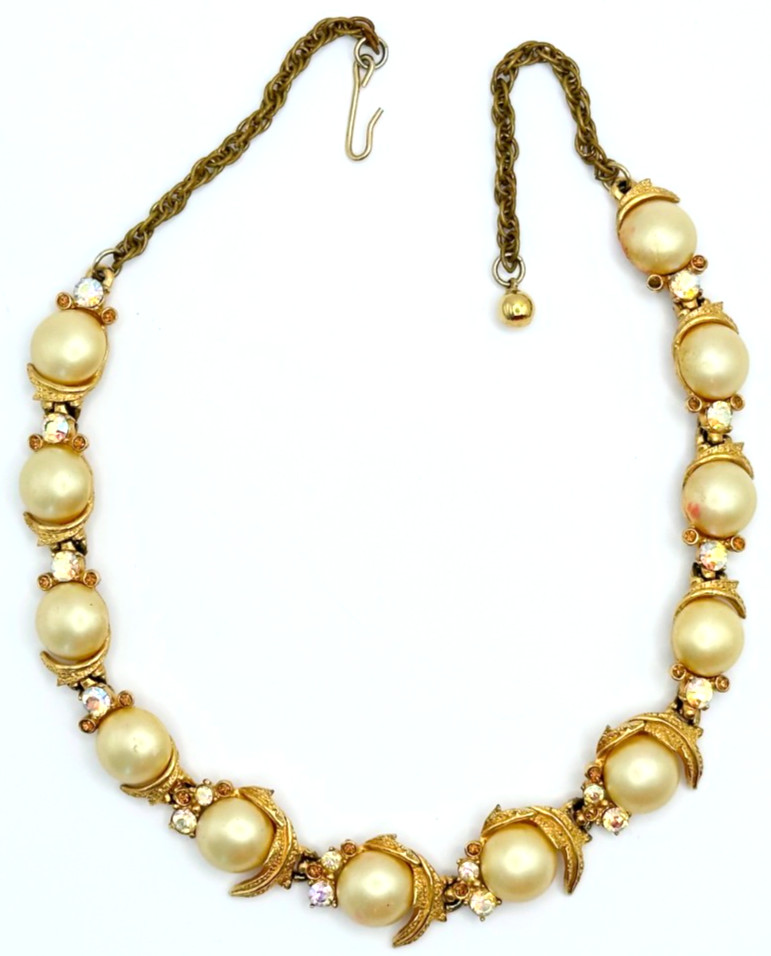 Signed ART Gold Tone Faux Pearls Rhinestones Choker Necklace Vintage