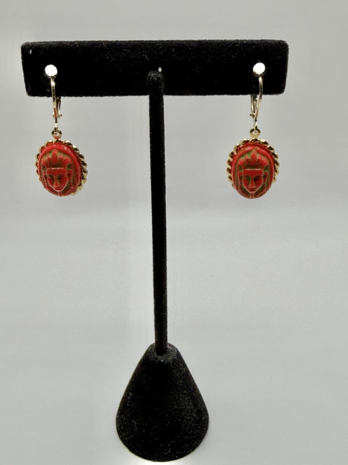 Upcycled Neiger Bros Red & Green Egyptian Pharaoh Face Czech Art Glass Earrings