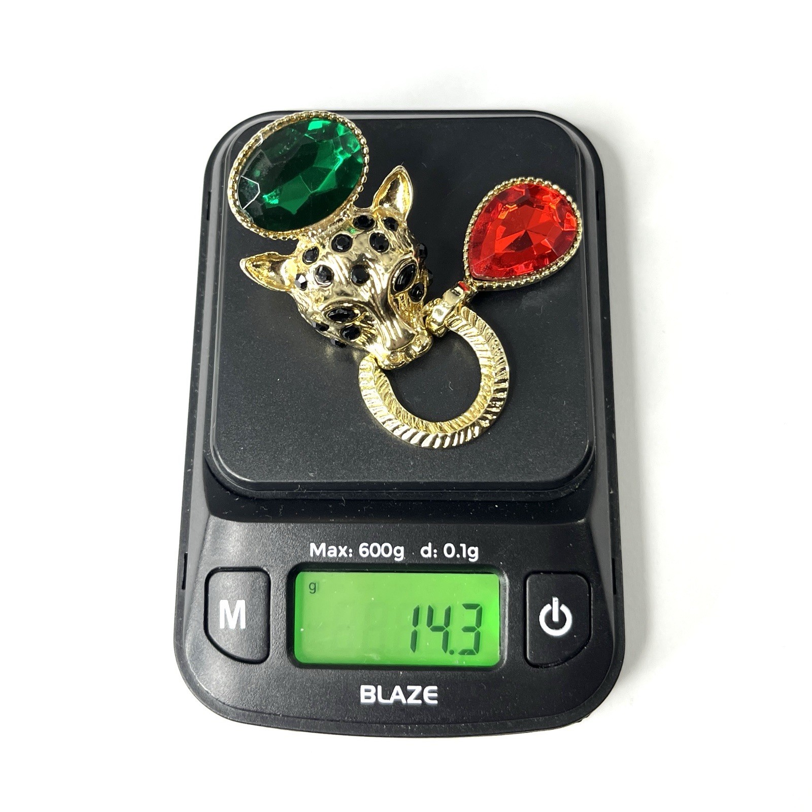 Gold Tone Lion Door Knocker Earrings Pierced Jaguar Cat Red Green Statement Drop