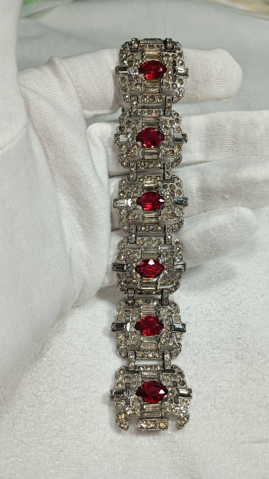Art Deco Trifari Unsigned KTF Silver Tone Clear And Ruby Red Panel Bracelet 7 In