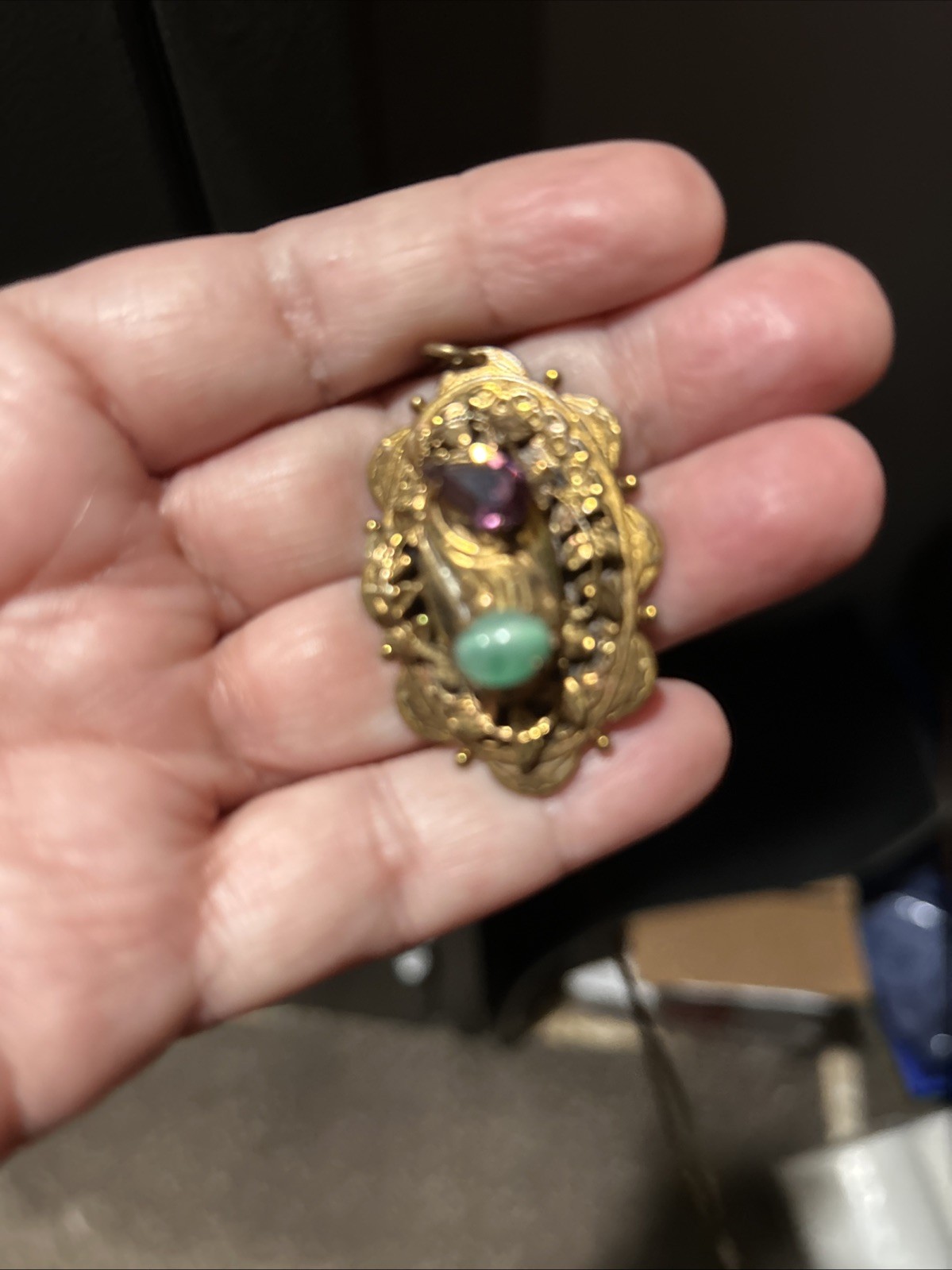 Vintage French Stamp Gold Plate Necklace Art Deco Purple Green Stones Pendant