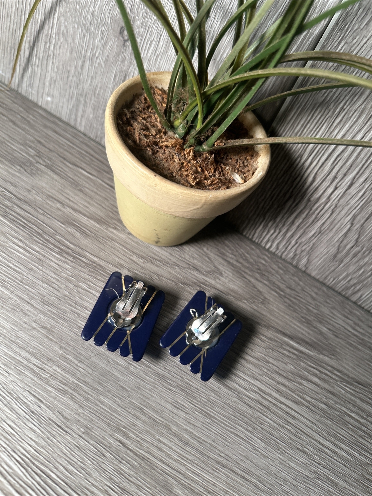Clip on Earring Navy Blue with Gold Inlay Stripes Enamel. Any occasion.