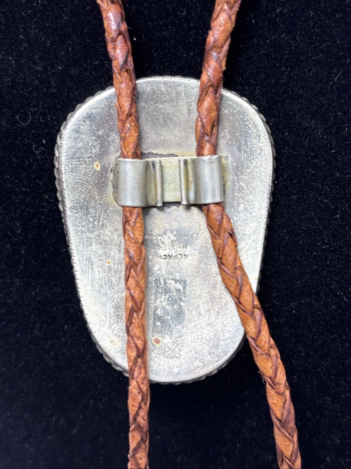Vintage Tooled Alpaca Silver Tiger’s Eye Bolo Tie Braided Leather Southwestern