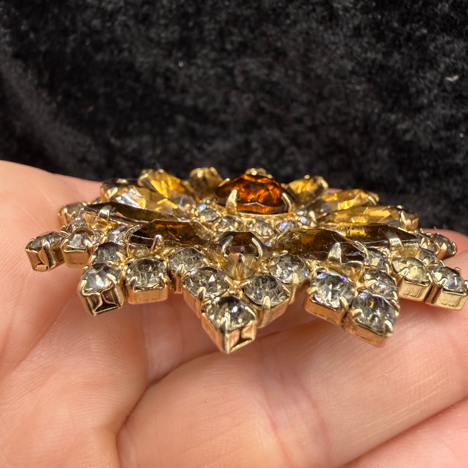 Vintage Rhinestone Brooch Orange Gold Tone Browns Lots of Sparkle