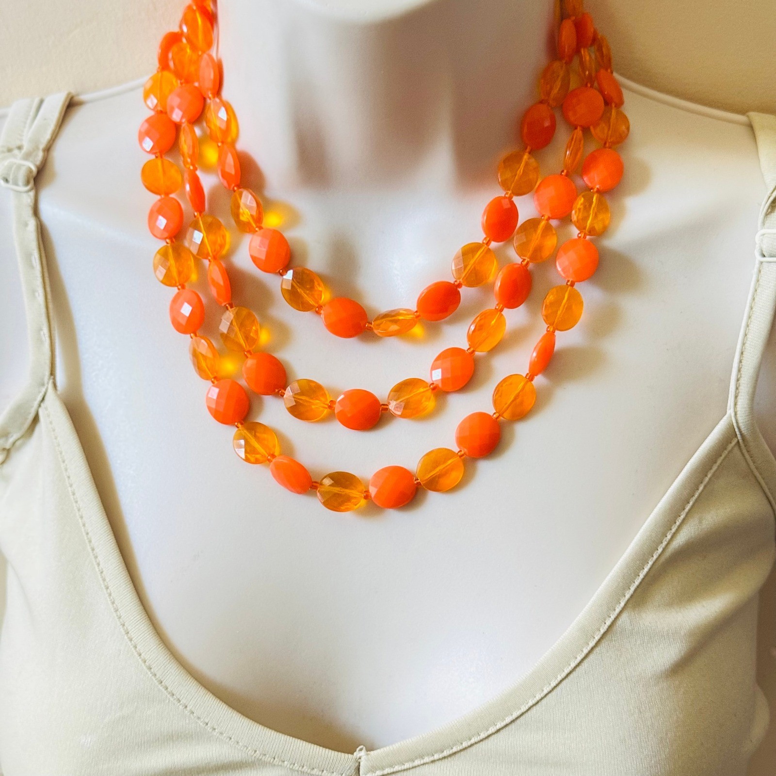 VTG Orange Lucite Beads Multi BIb Necklace Hong Kong Triple Strand Statement 50s