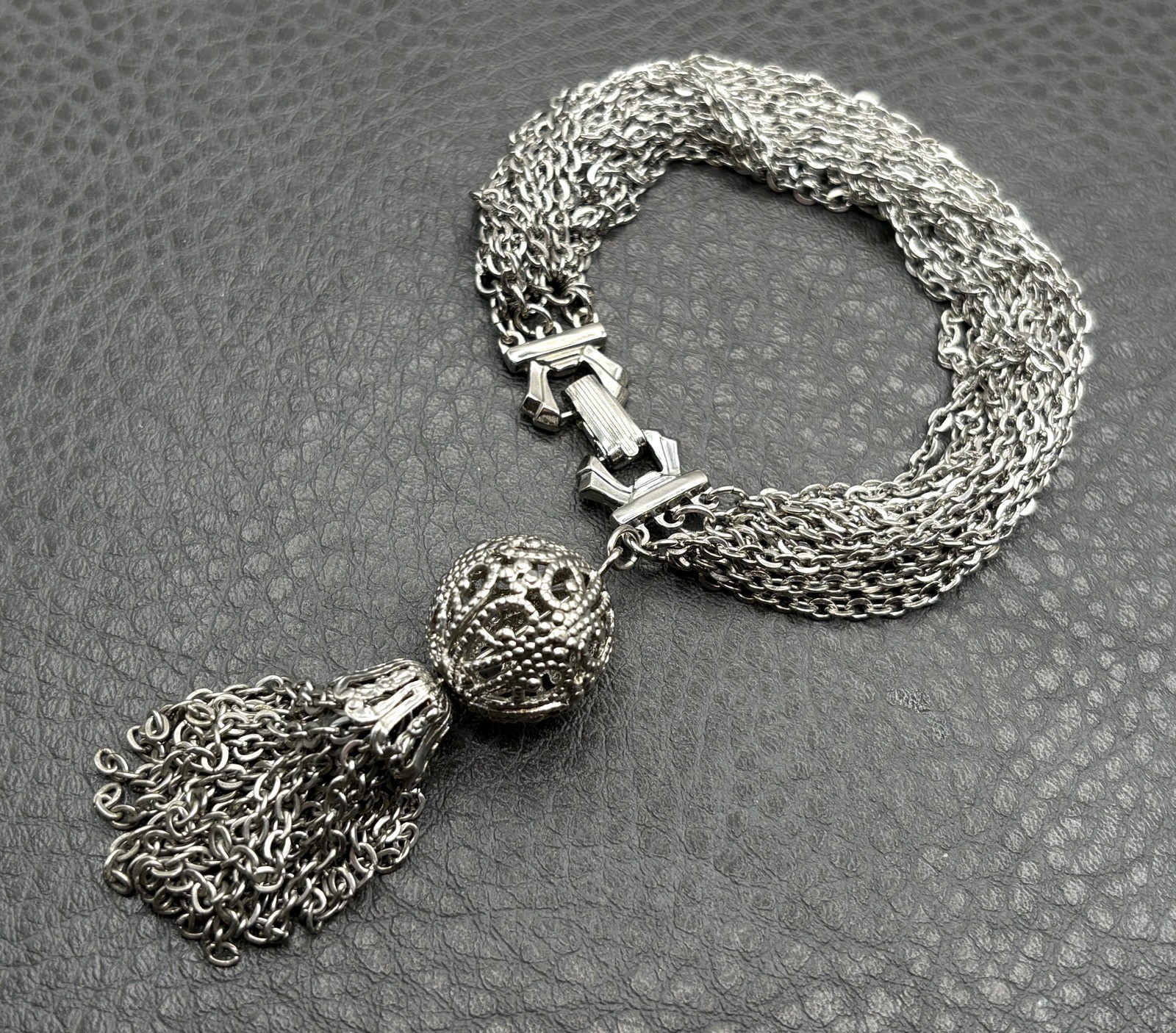 Vintage Silver Tone Multi-Strand Chain Bracelet Ornate Filigree Tassel Charm