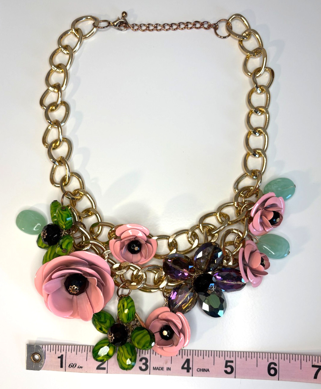 Unique Spring Statement Pink, Green, Purple Flowers Metal & Resin Necklace