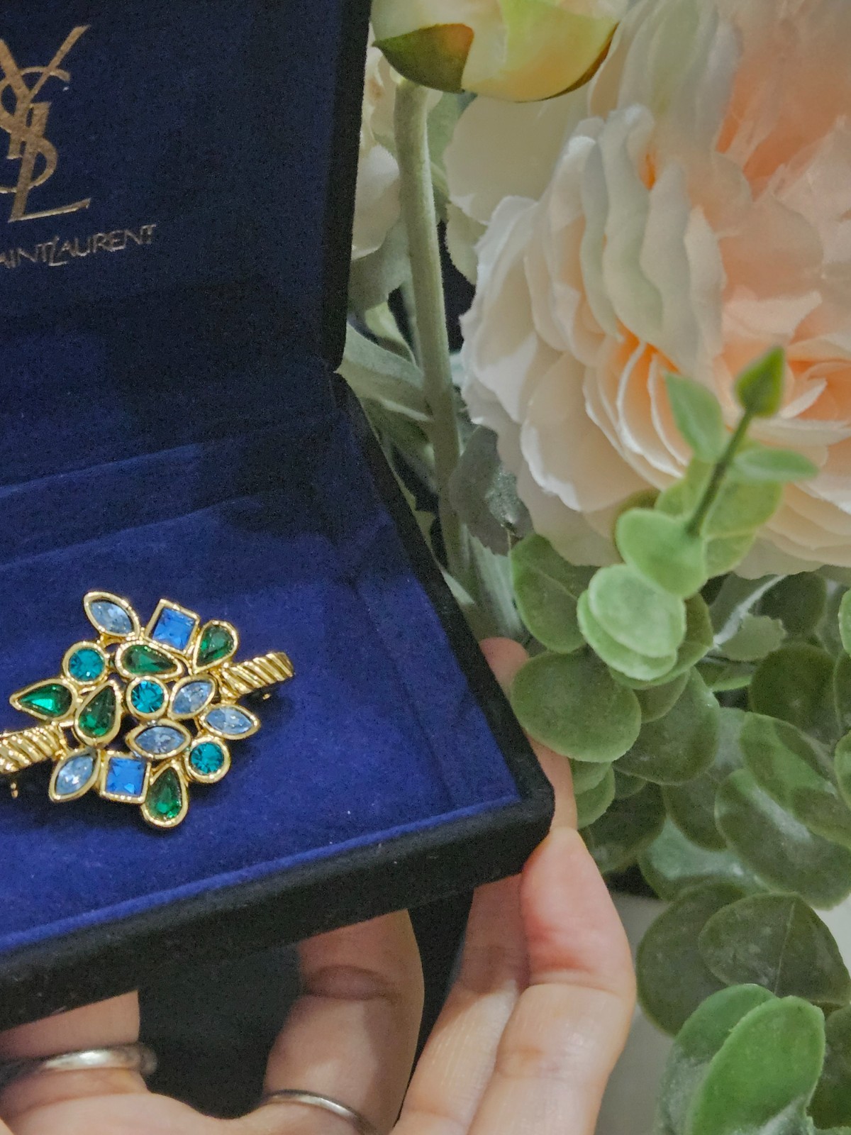 Vintage YSL Yves Saint Laurent Brooch Pin Blue Green Crystal Gold Tone With Box