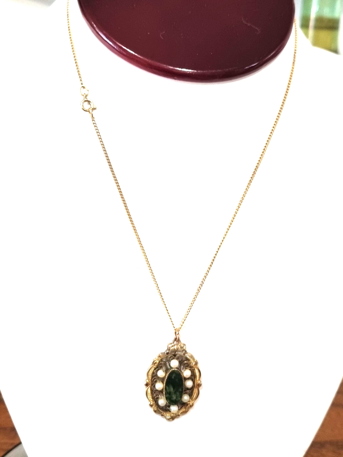 Vintage 12k Gold Fill Real Pearl Genuine Jade Pendant Chain Necklace See Video