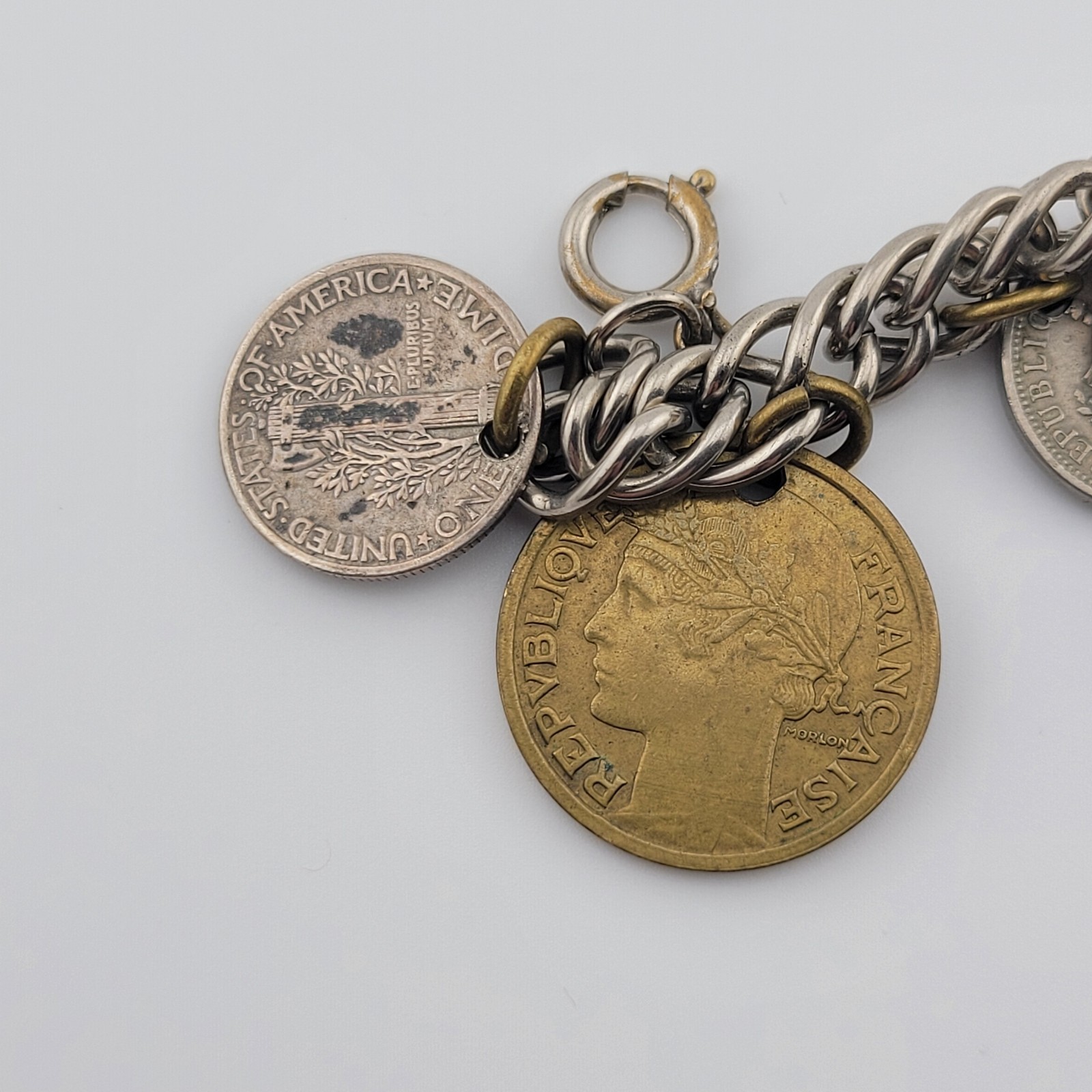Vintage Coins From Around the World Charm Bracelet Souvenir 1924 to 1956 7.5″