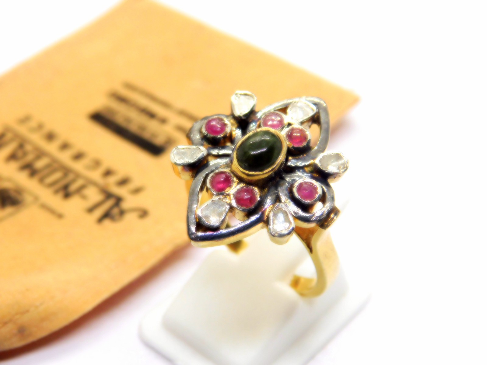 Natural Tourmaline Diamond Polki Ring, 925 Sterling Silver Victorian Jewelry