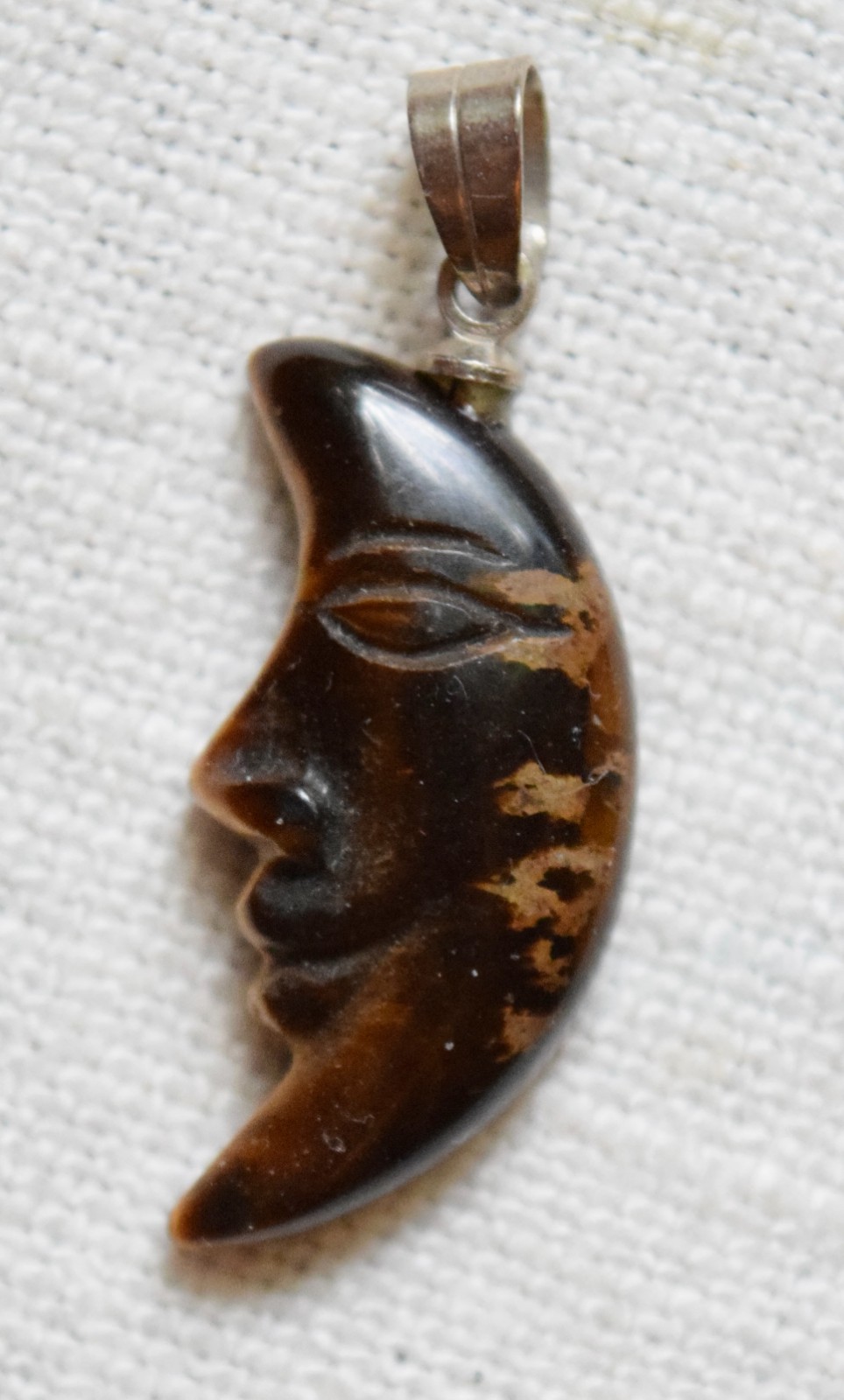Vintage Brown Stone Carved Crescent Man in the Moon Pendant #9300