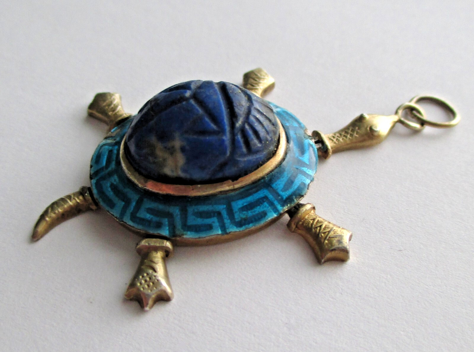 VINTAGE STERLING SILVER EGYPTIAN REVIVAL CARVED LAPIS SCARAB ARTICULATED TURTLE