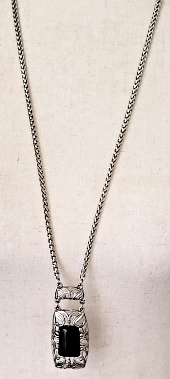Vintage Wheat Chain Filigree Rectangle 2.5″ Pendant Resin Stone 15″