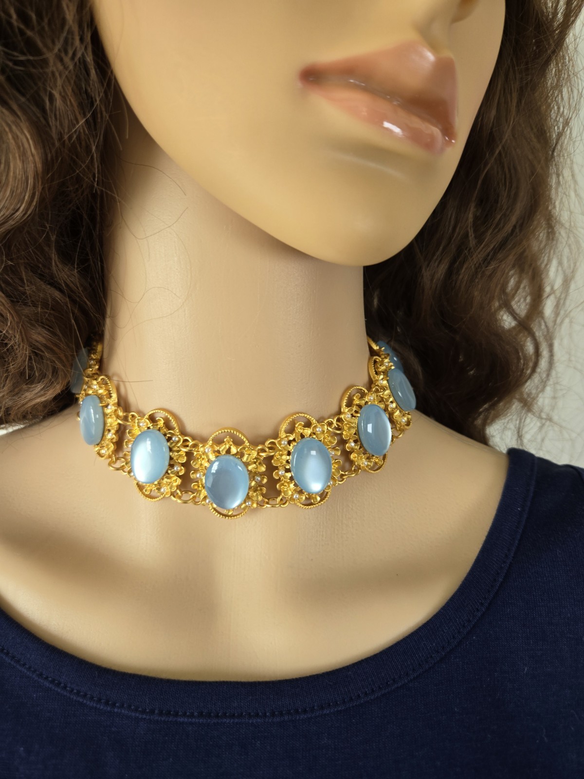 Moonglow Blue Lucite Gold Link Collar, Vintage Filigree Choker Necklace