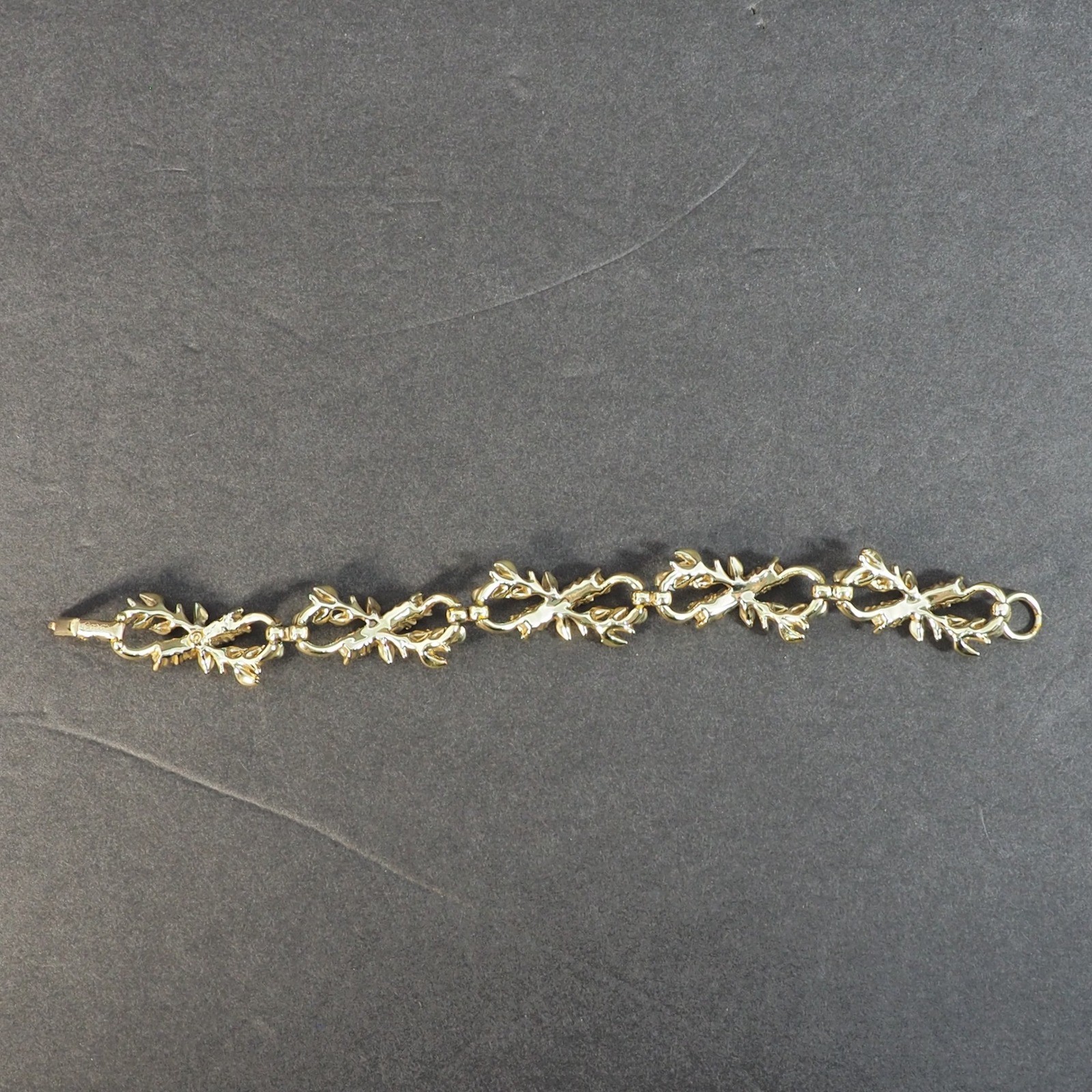 Coro Gold Tone Rhinestone Floral Leaf Link 7 Inch Bracelet Vintage MCM Signed