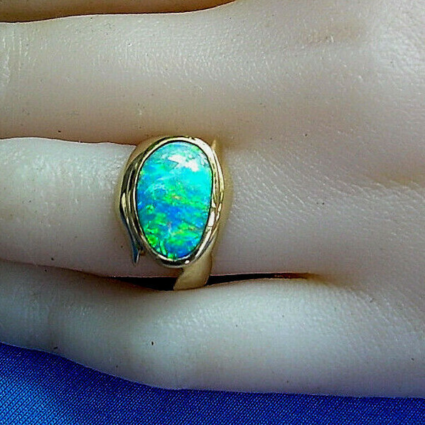 Original EARTH MINED Black OPAL Deco Ring Designer Hand made SOLID 14K GOLD 6.25