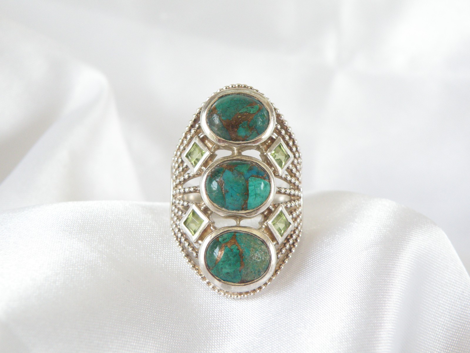 Sterling Silver 925 Large Chrysocola and Peridot Multi Stone Statement Ring 7