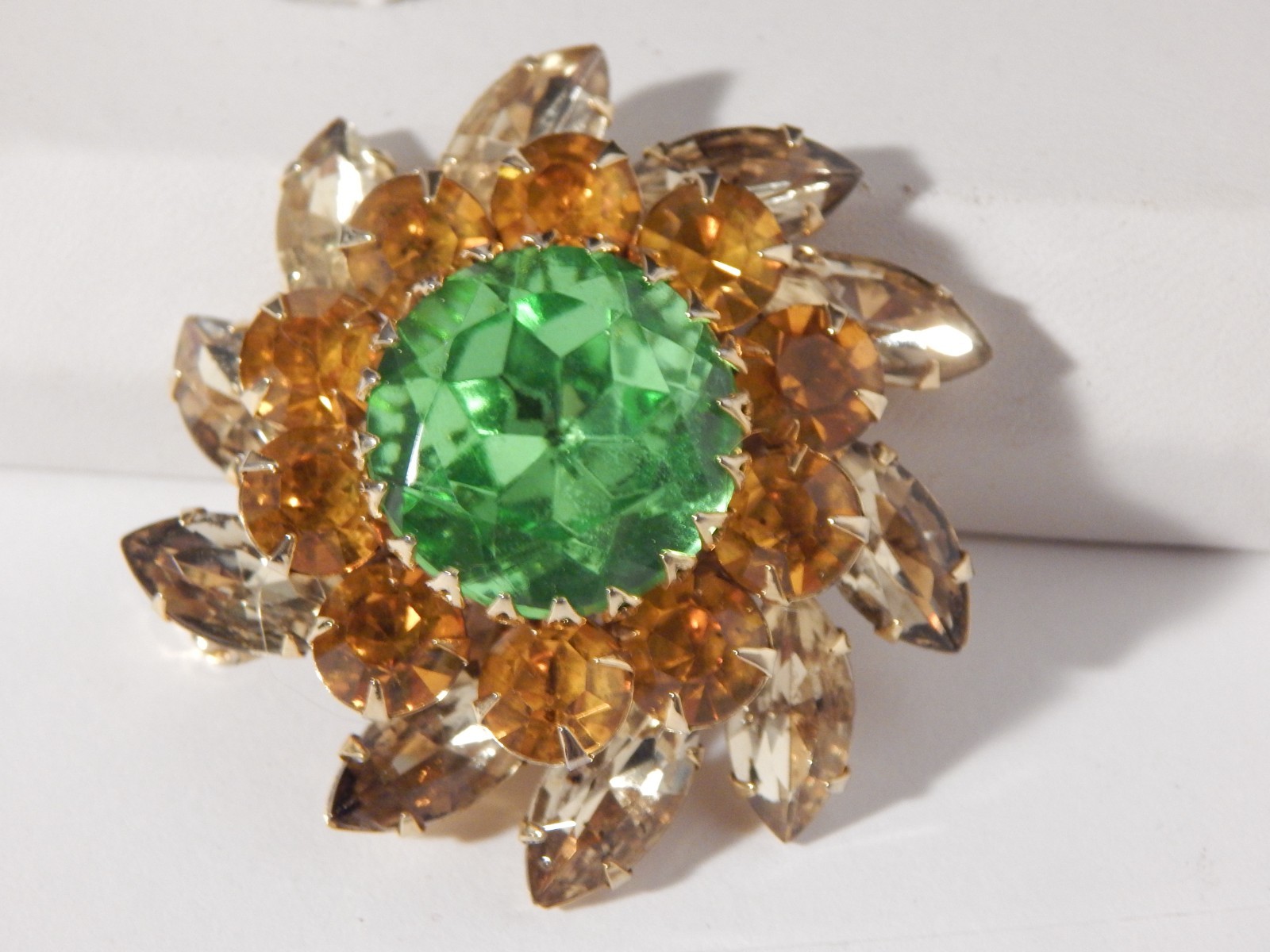 Judy Lee Green Topaz Golden Brown Marquise Rhinestone Flower Gold Tone Brooch