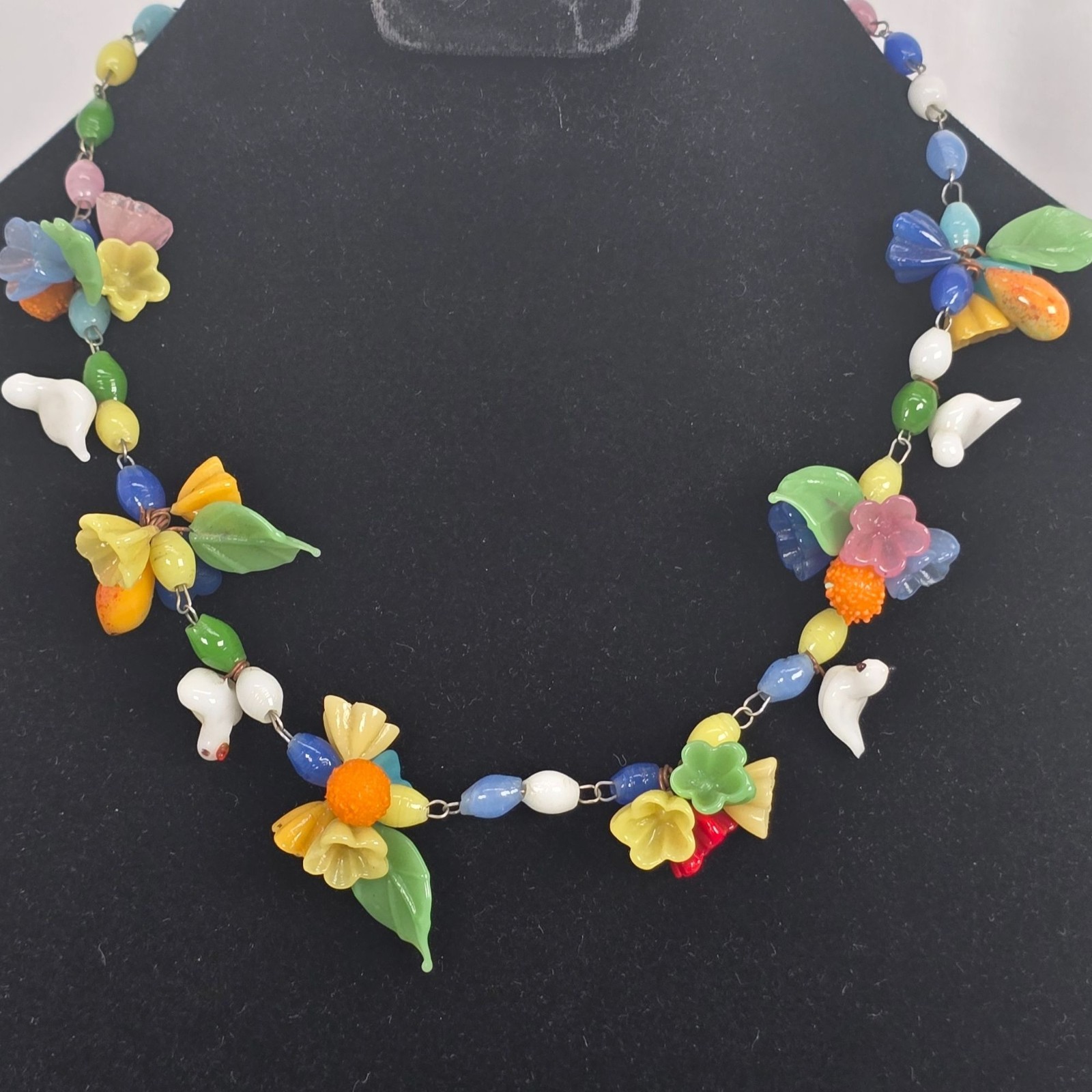 Vintage Yellow/Green/Blue Glass Floral & Bird Charm Necklace Silver-Tone Chain