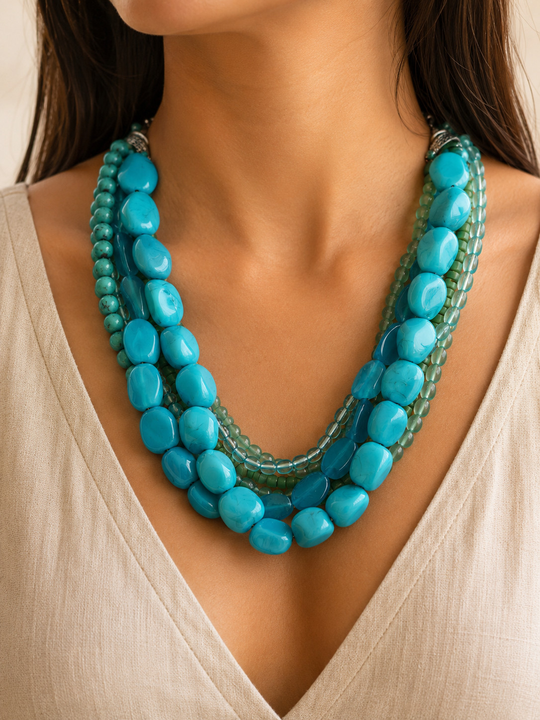 Vintage Turquoise Blue Beads Multi Strand Beaded Statement Necklace 8.5″ Chunky