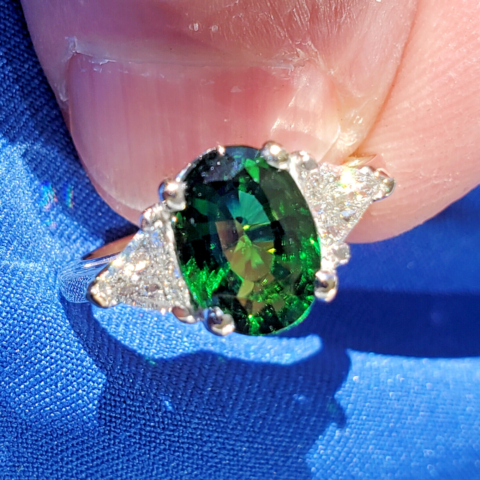 Original EARTH MINED Tourmaline DIAMOND Deco Engagement Ring 14K WHITE GOLD S 7