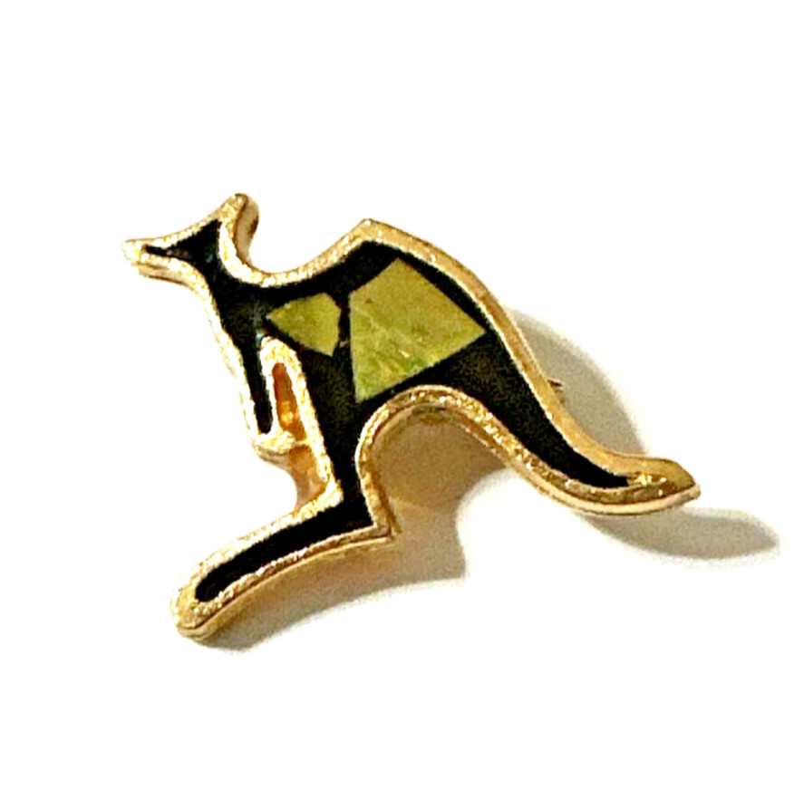 Vintage Australian Opal Kangaroo Brooch Gold Tone Black Enamel Souvenir Pin 1.5″