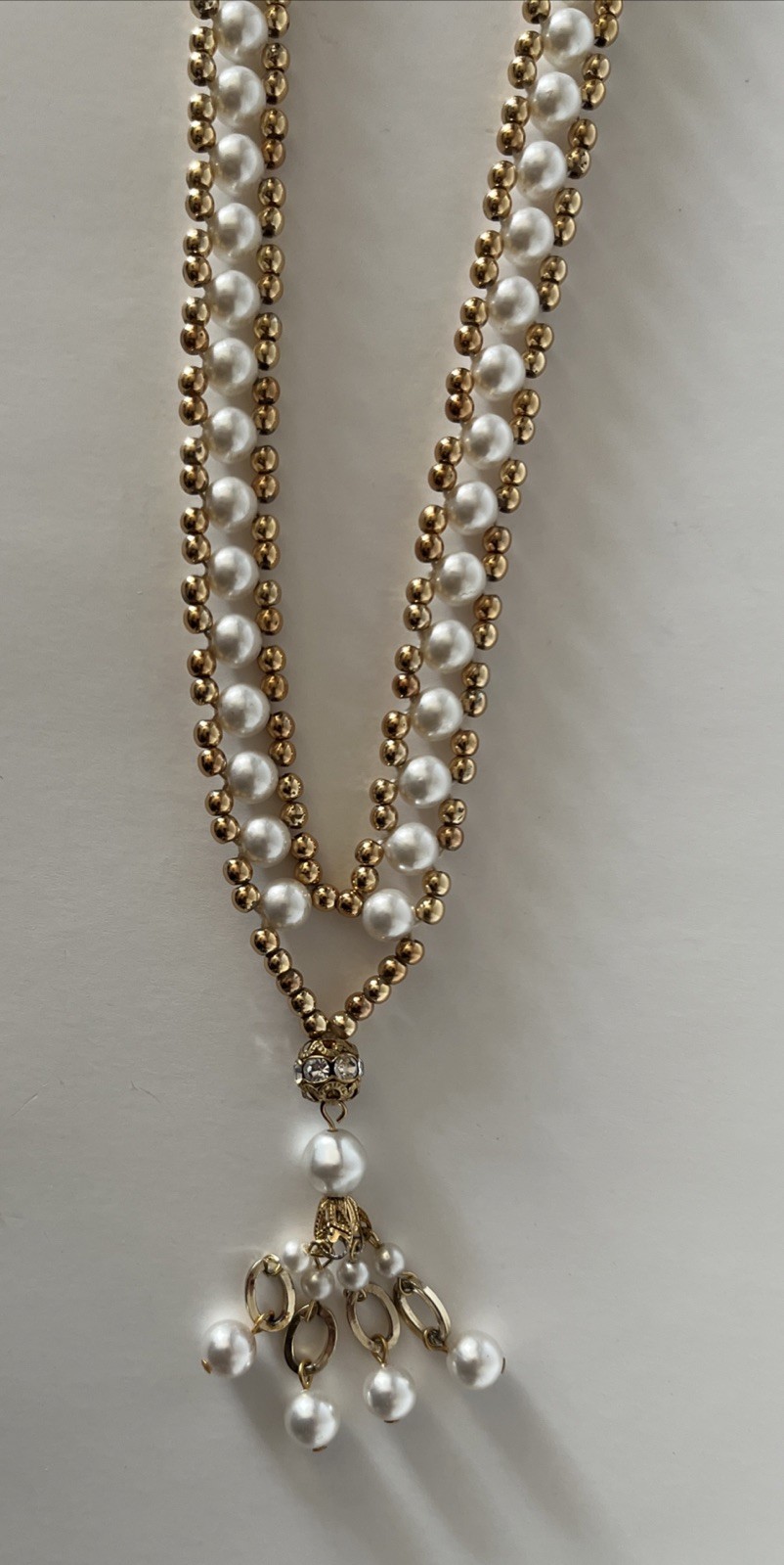 Vintage Long Ivory Color Faux Pearl Necklace With Gold Beaded Rhinestone Tassel