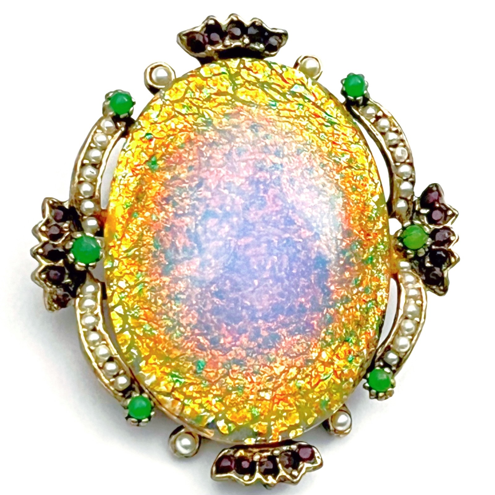 Dragons Breath Brooch Faux Garnets Seed Pearls Jade Vintage 1960s