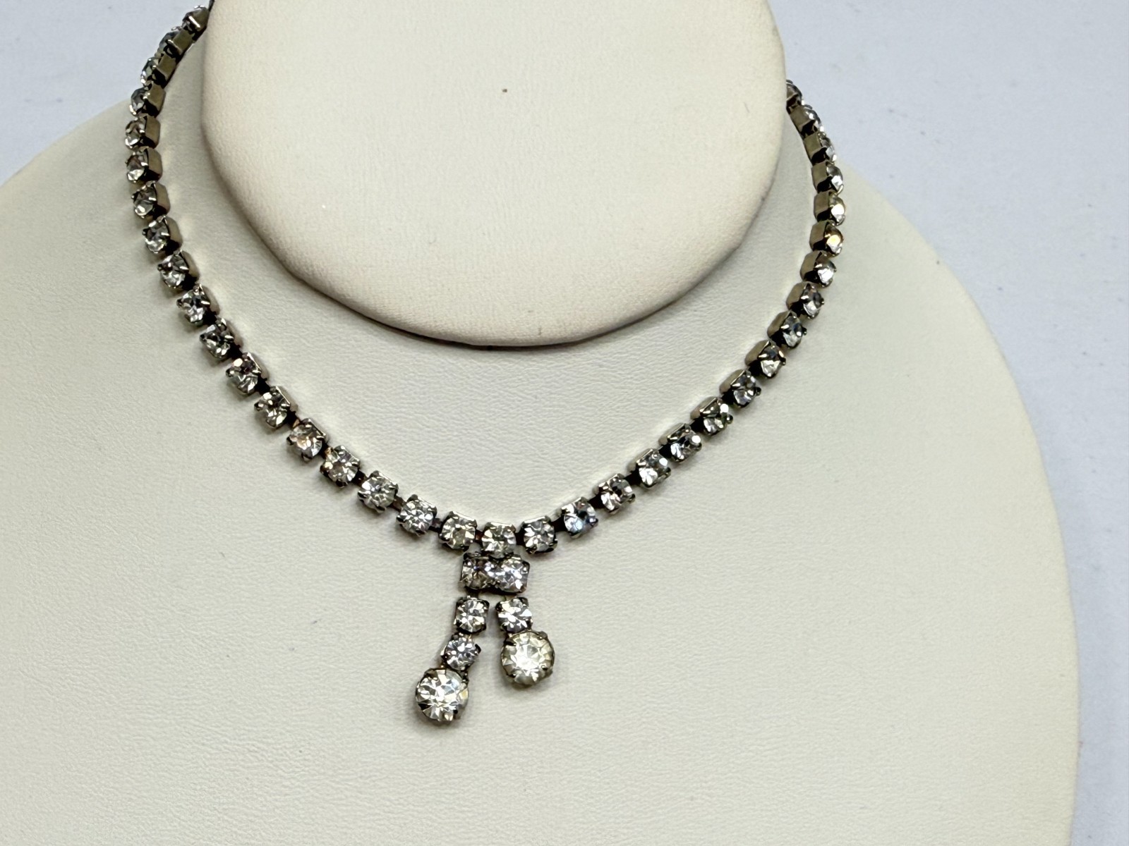 Vintage Rhinestone Choker Necklace Mid Century Sparkling Gemstones 12in Tassel