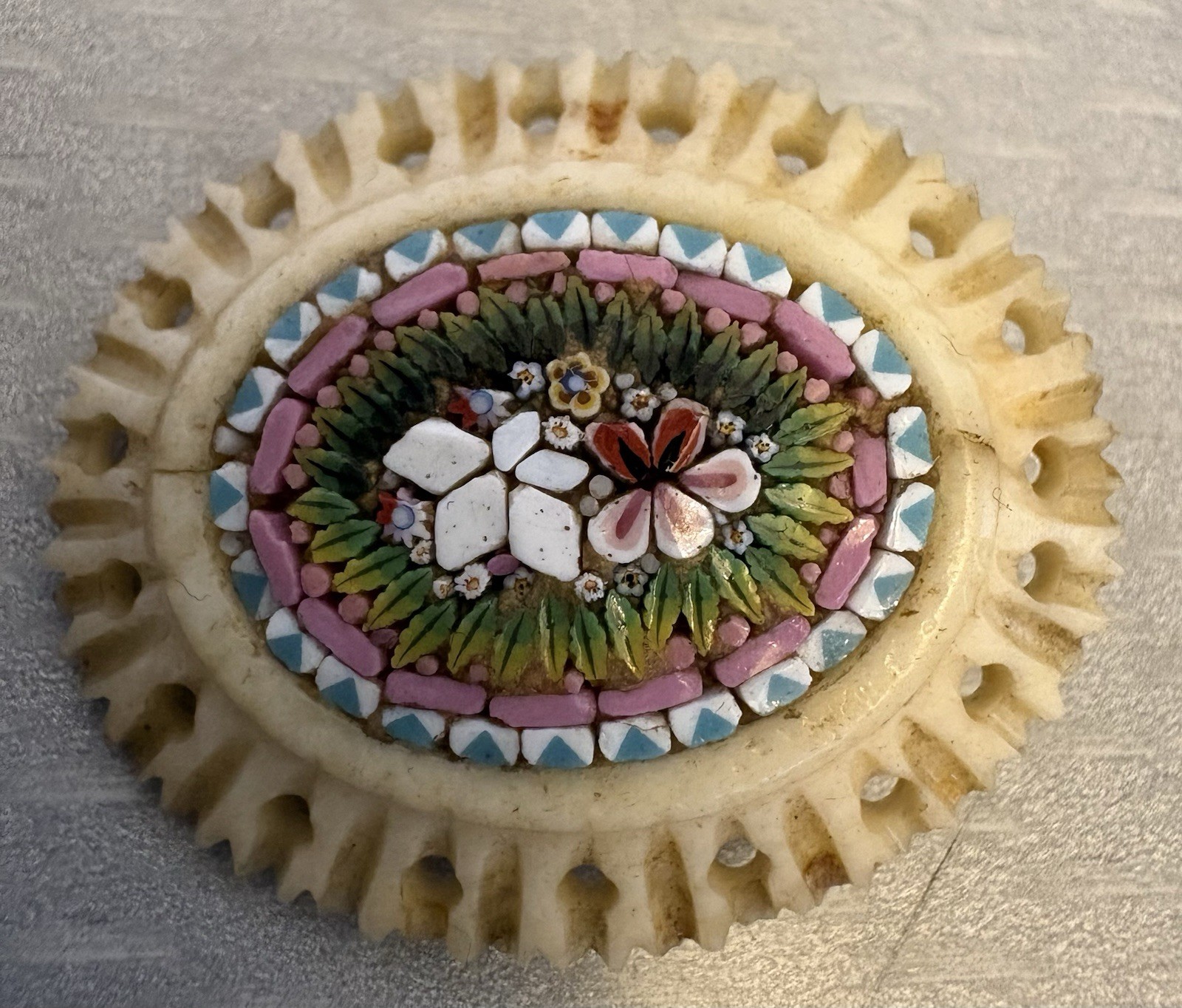 19C Antique Micro Mosaic Brooch Carved Bone Frame Italy Grand Tour missing clasp
