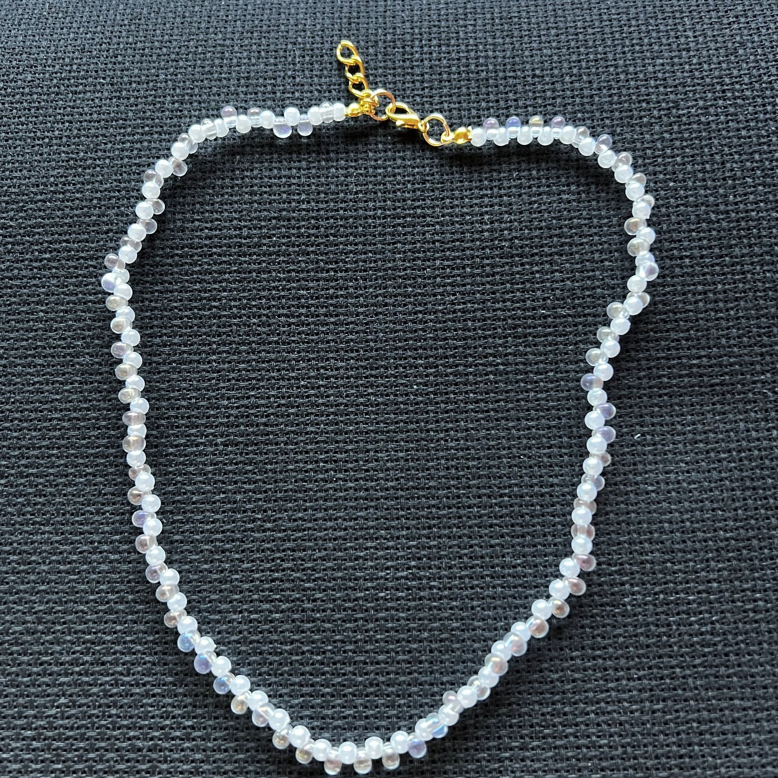 Handmade fauxpearl clear glass deaded necklace gold tone clasp choker strand